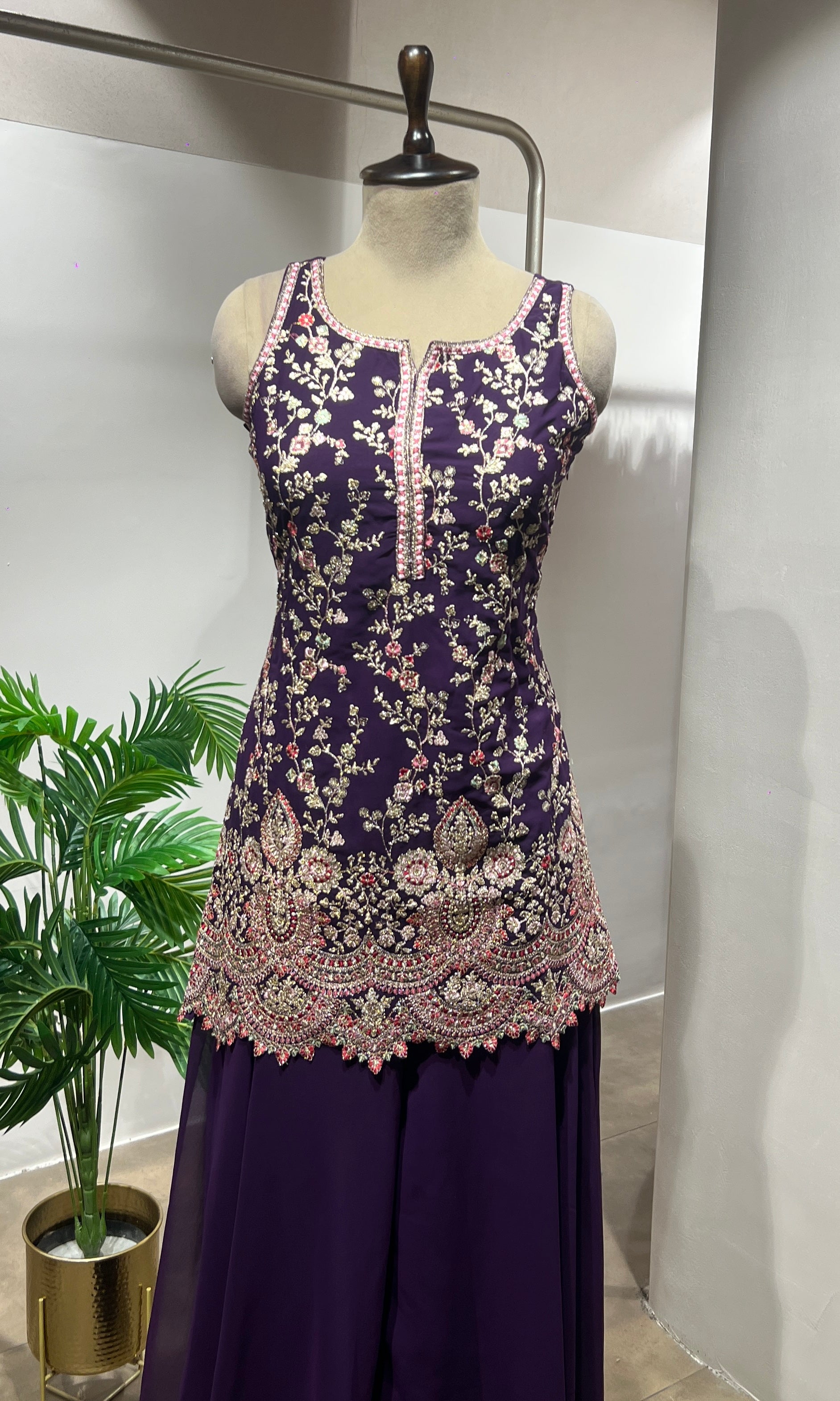 Wine Sequin & Zari Embroidered Sharara Suit