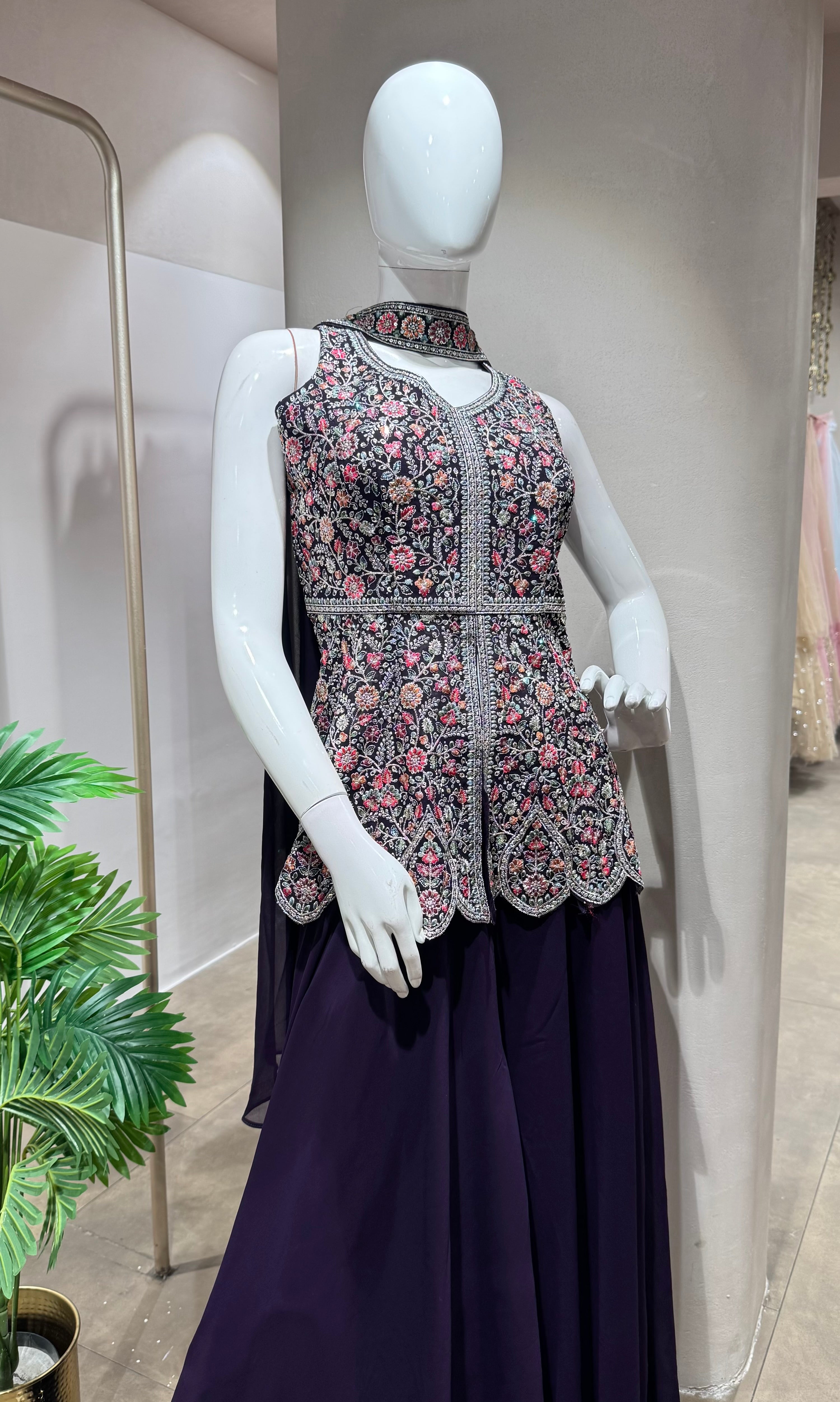 PURPLE EMBROIDERY PEPLUM PALAZZO SET