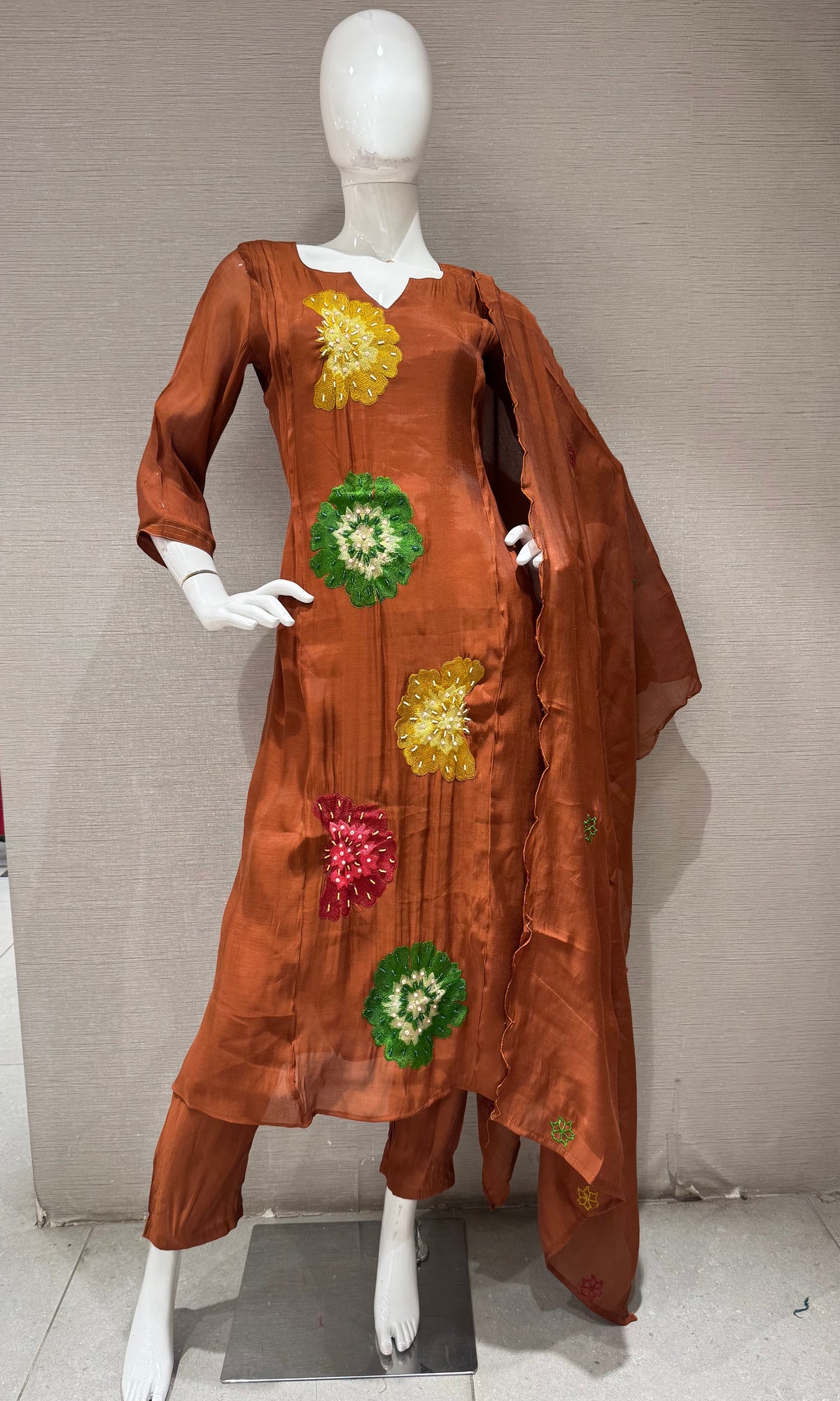 Brown cotton silk Floral Motif Kurta set with dupatta
