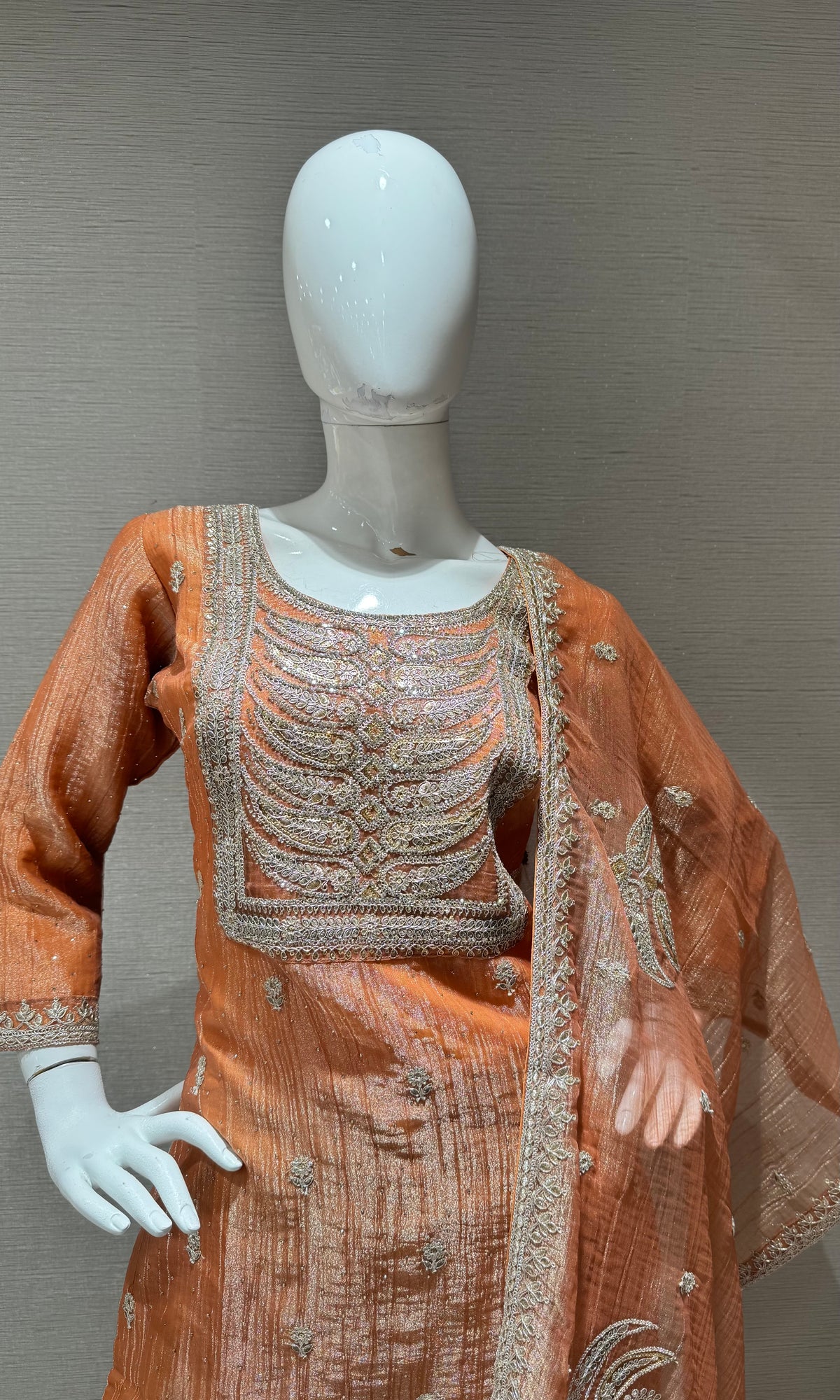 Peach Shimmer Embroidered Kurta Set with Sheer Dupatta