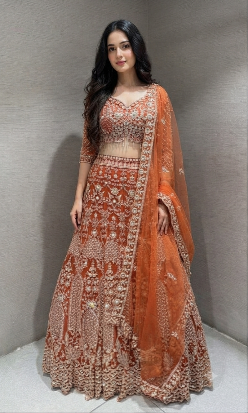 Rust Orange Georgette Motif Bridal Lehenga Set