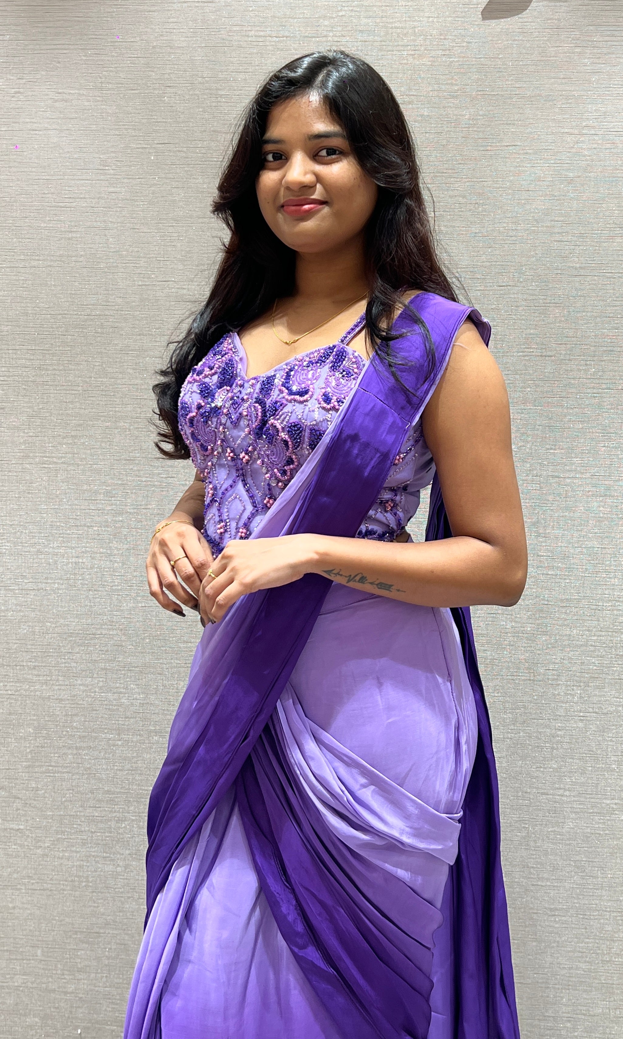 purple drape saree With Sweetheart Neck Blouse
