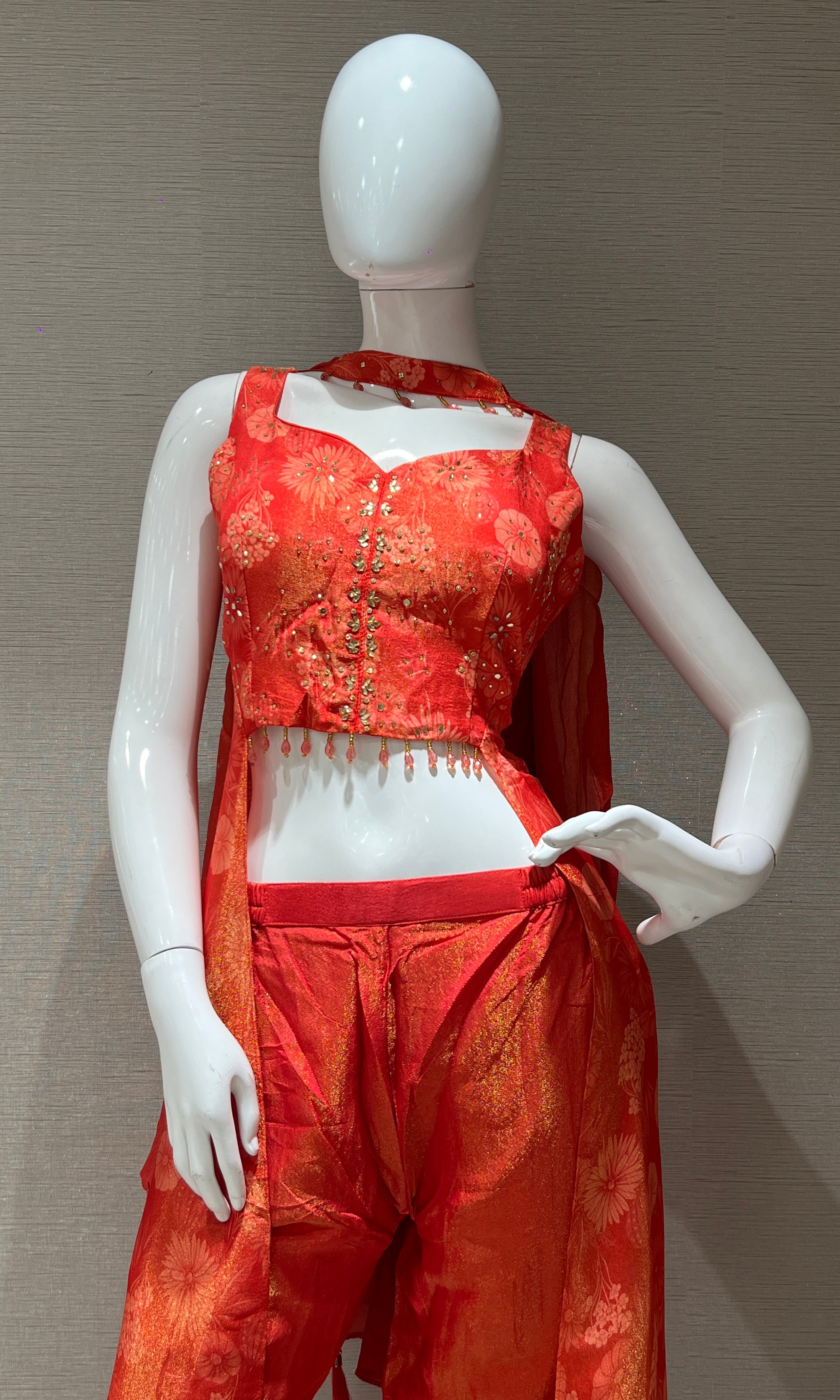 Orange floral print tissue indo western set
