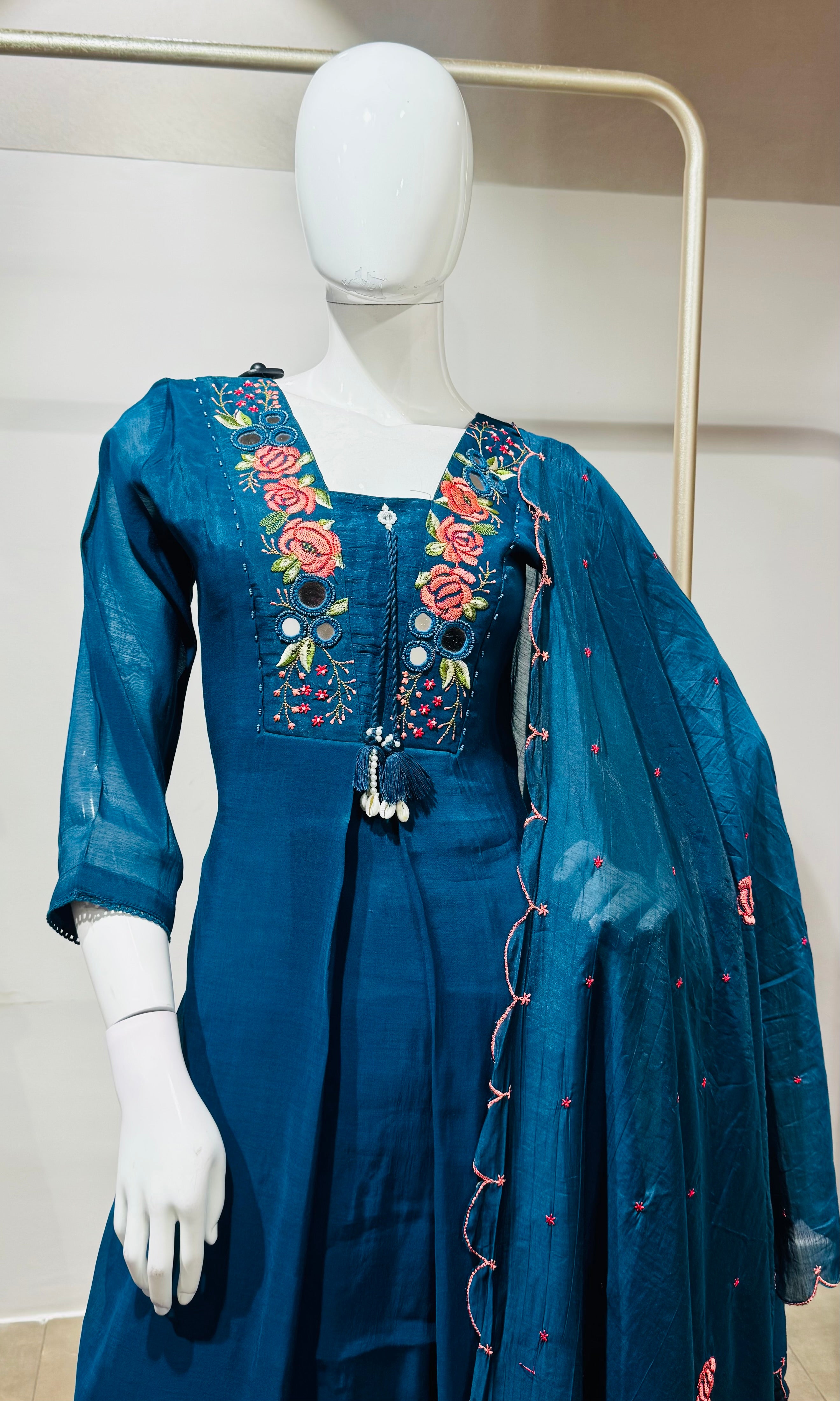 Peacock Blue Ethnic Kurta Set with Multicolored Neckline