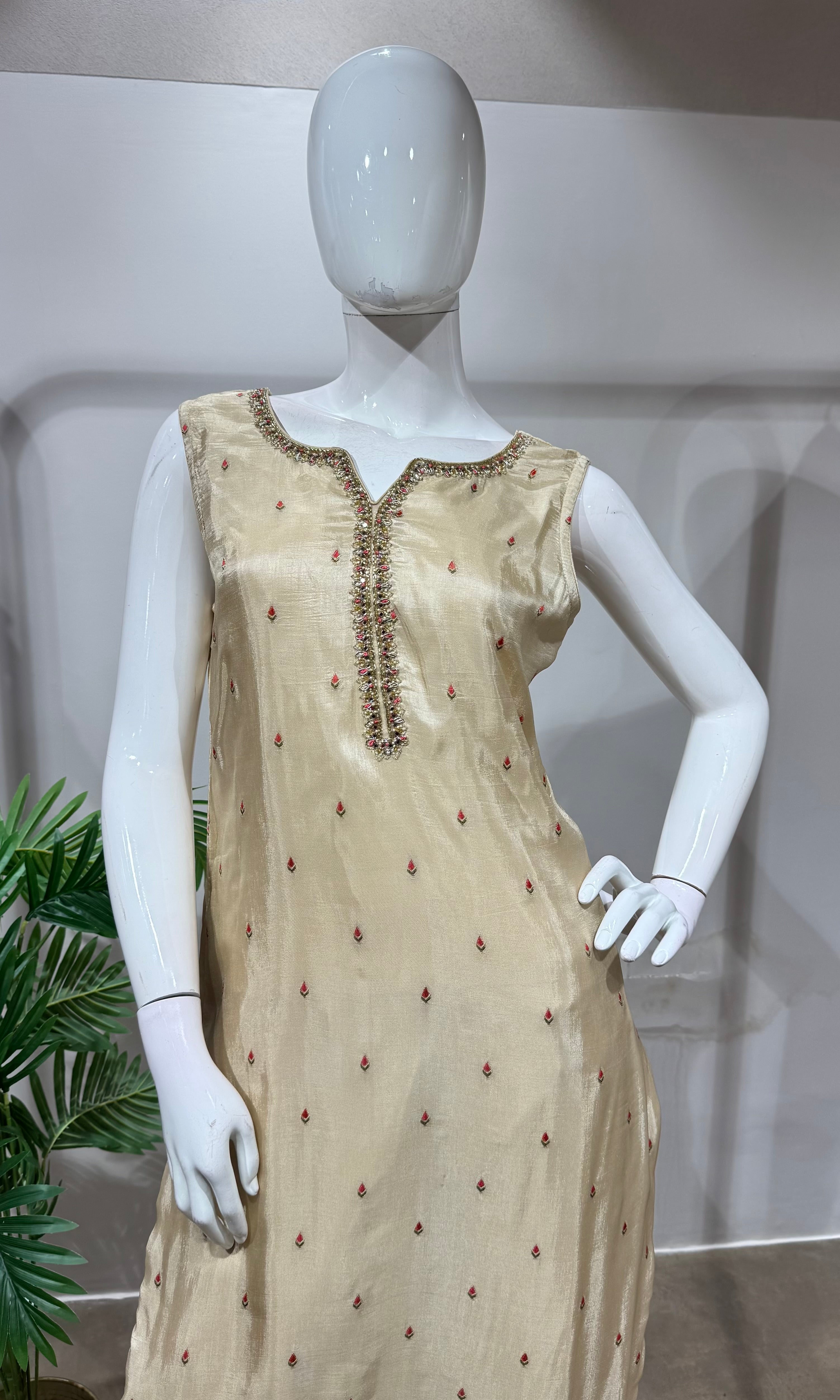 Royal Cream Silk Embroidered straight cut