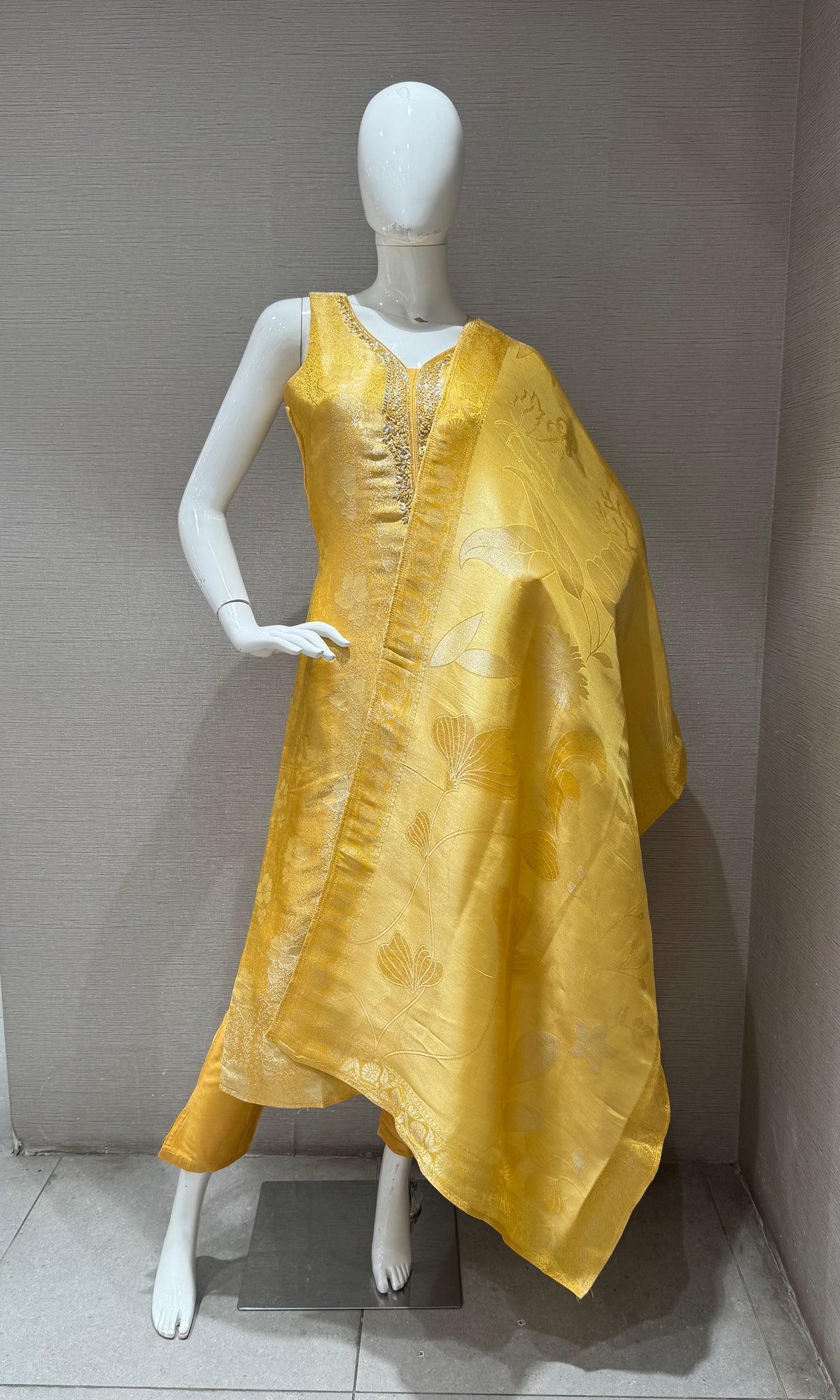 Yellow Banarasi Silk Brocade Kurta with Dupatta