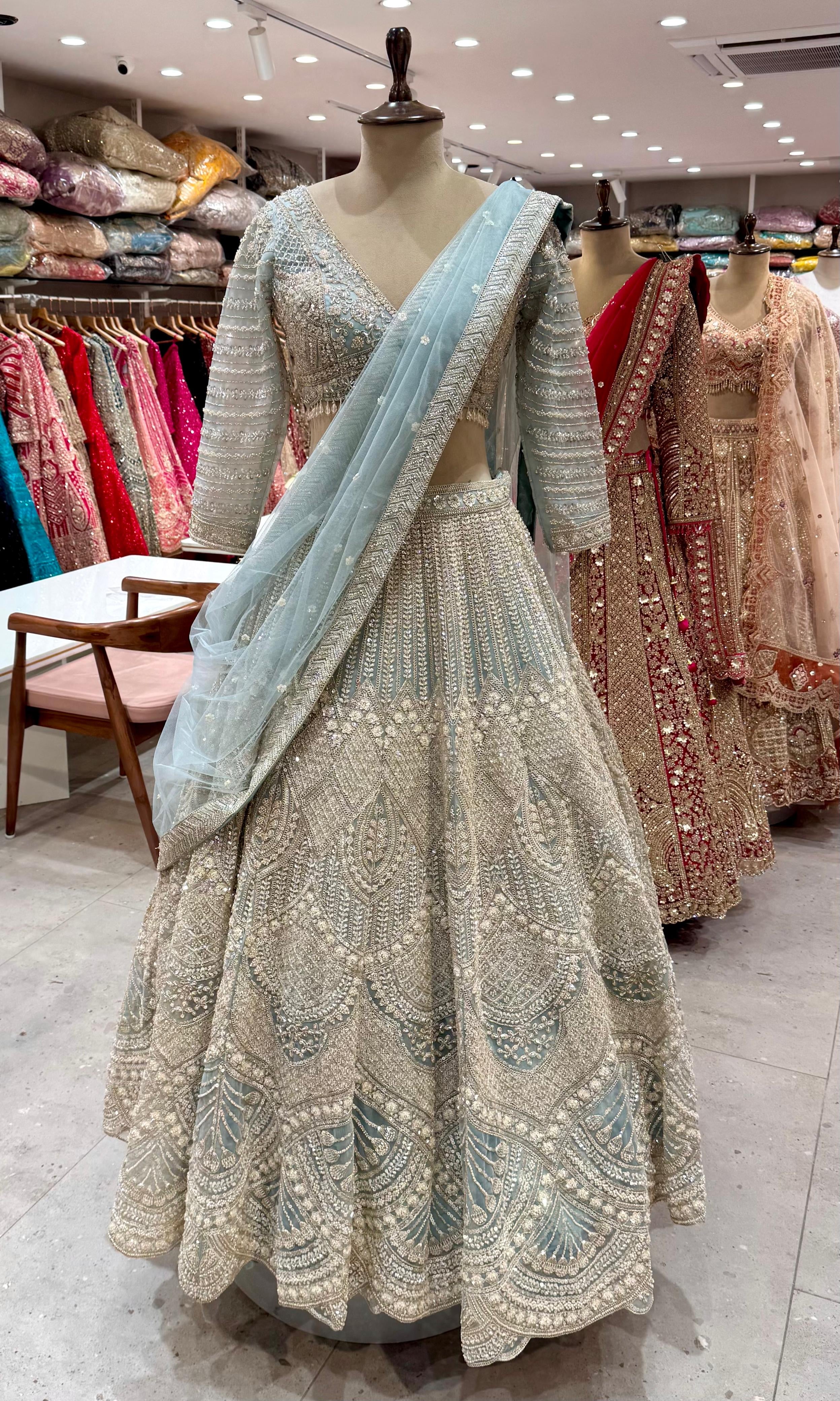 Light blue Crystal Glow Thread & Sequin Lehenga