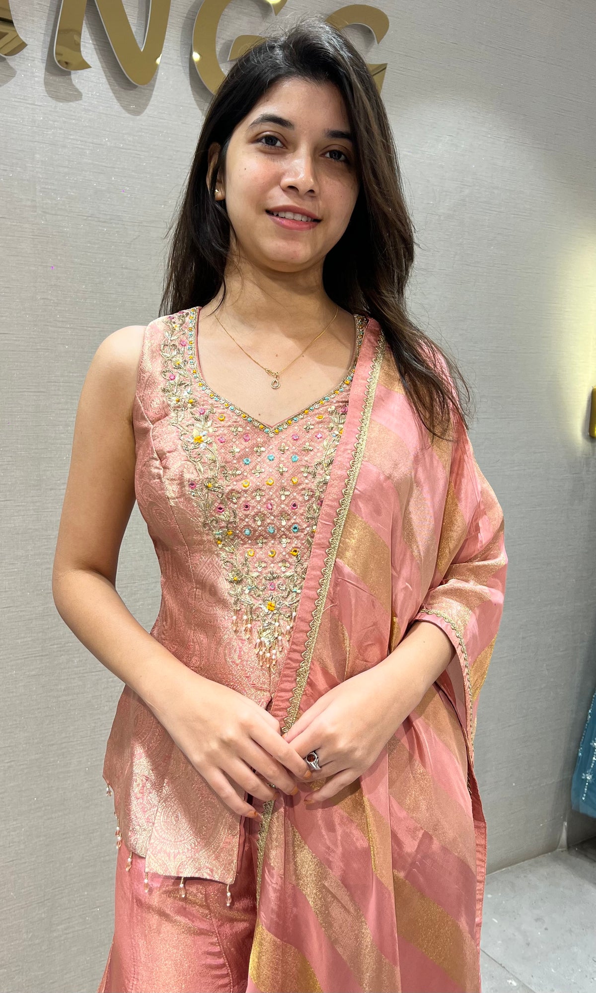 Onion pink Shimmer Tissue Peplum palazzo set with dupatta