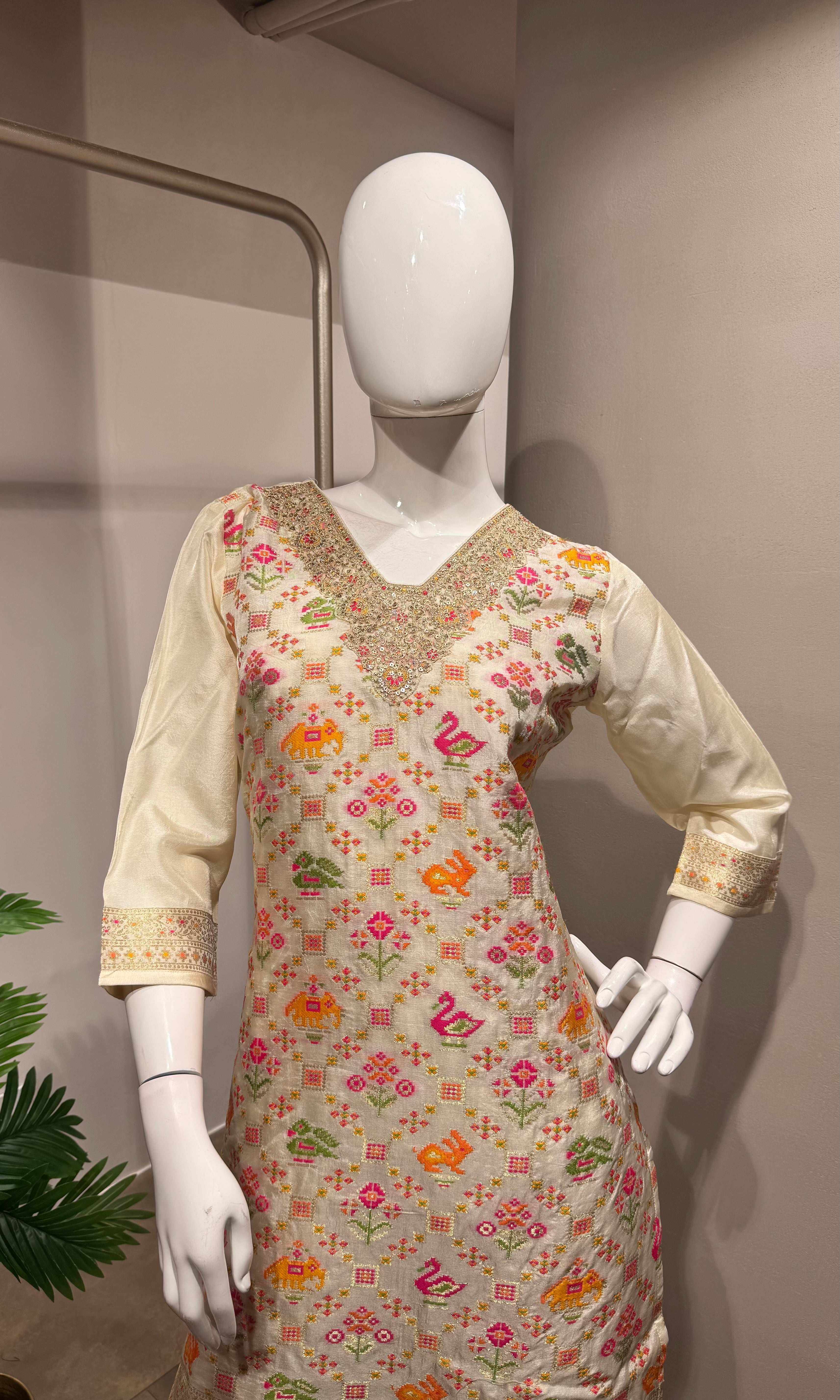 Cream Floral Embroidered Kurta set