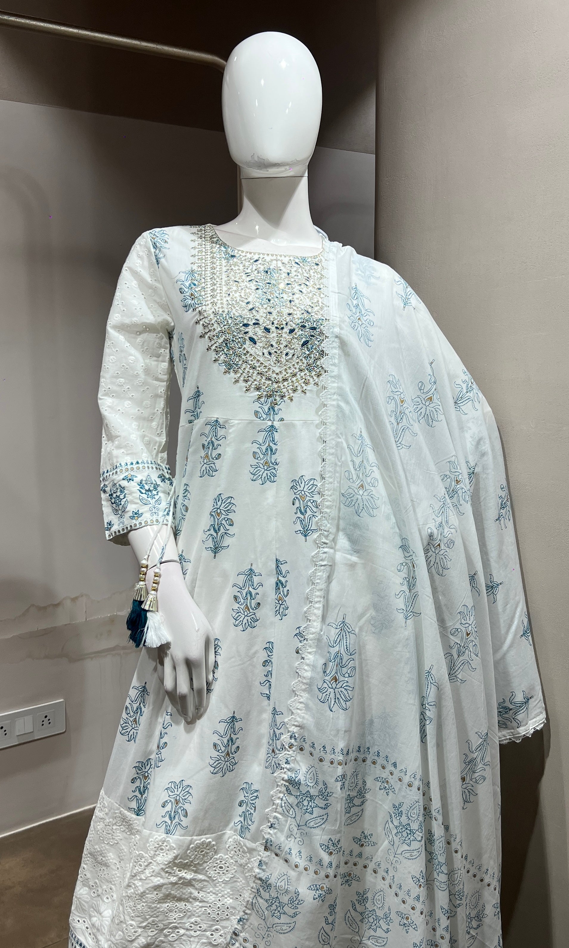 White and Sky Blue Floral Printed Anarkali Set