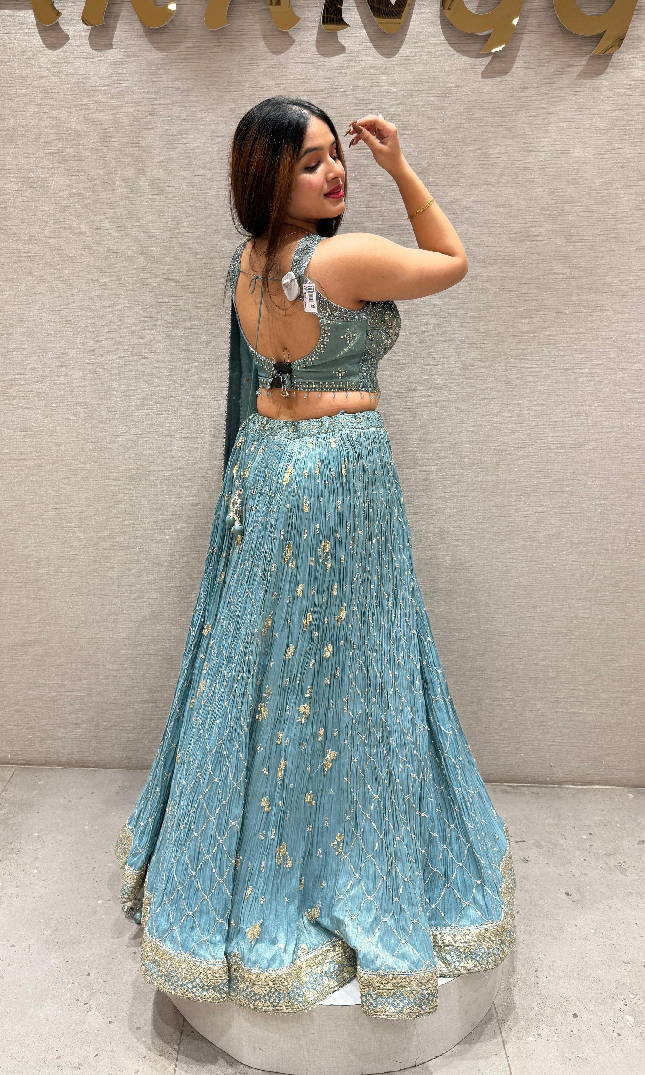 Blue tissue gold embroidered lehenga
