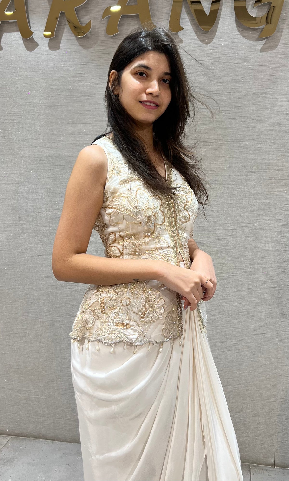 White Georgette Gold Embroidered Jacket with Draped Skirt