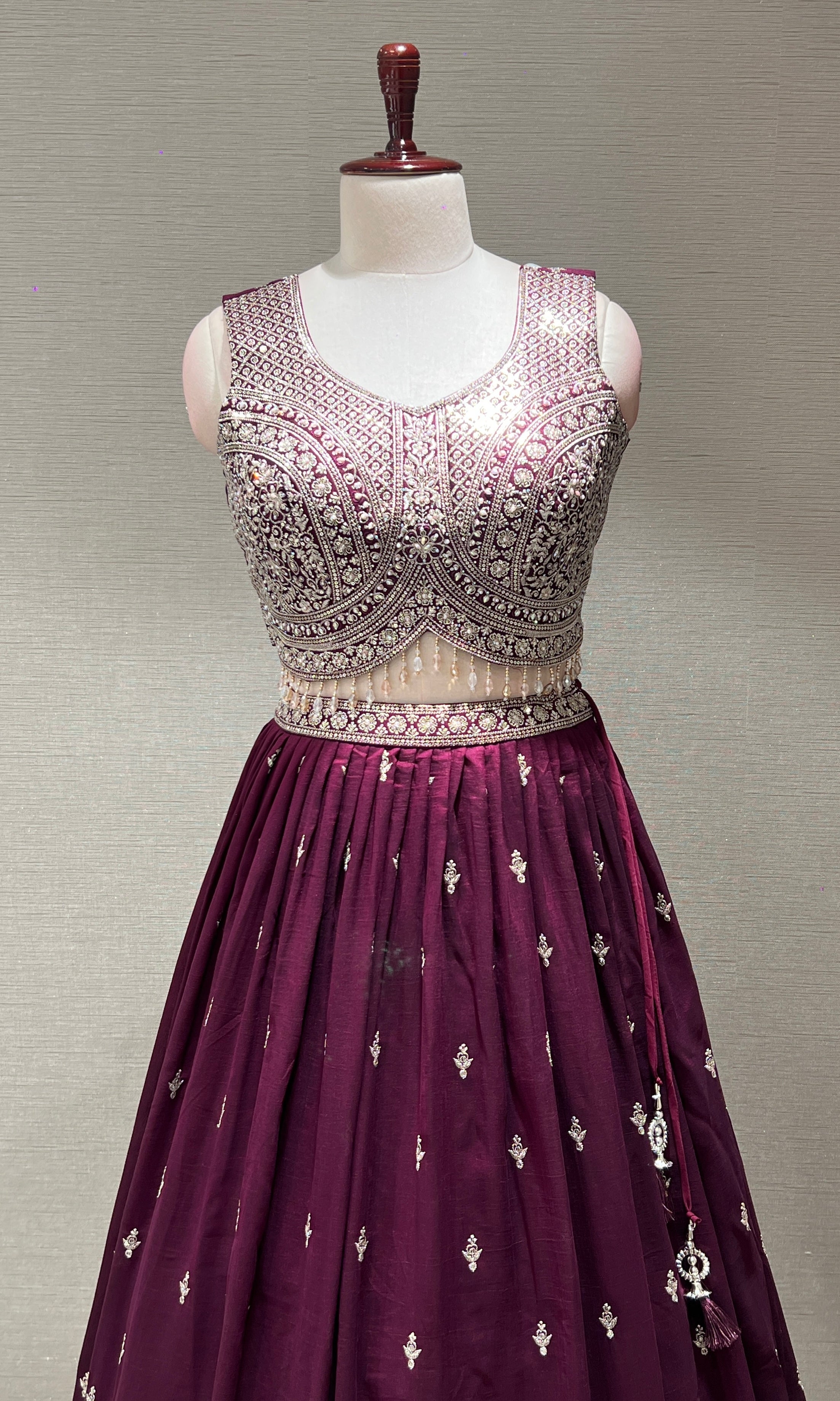 Wine Heavy Mirror Embroidered Lehenga