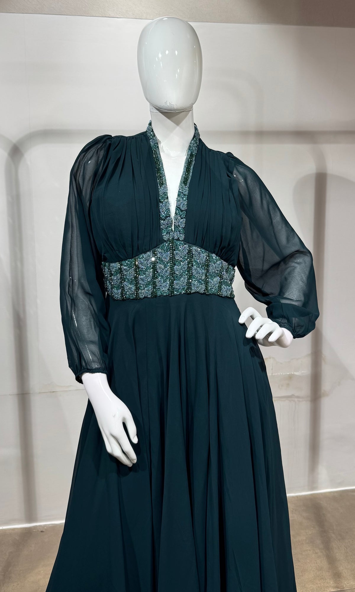 GREEN Georgette Gown with Silver Embroidery