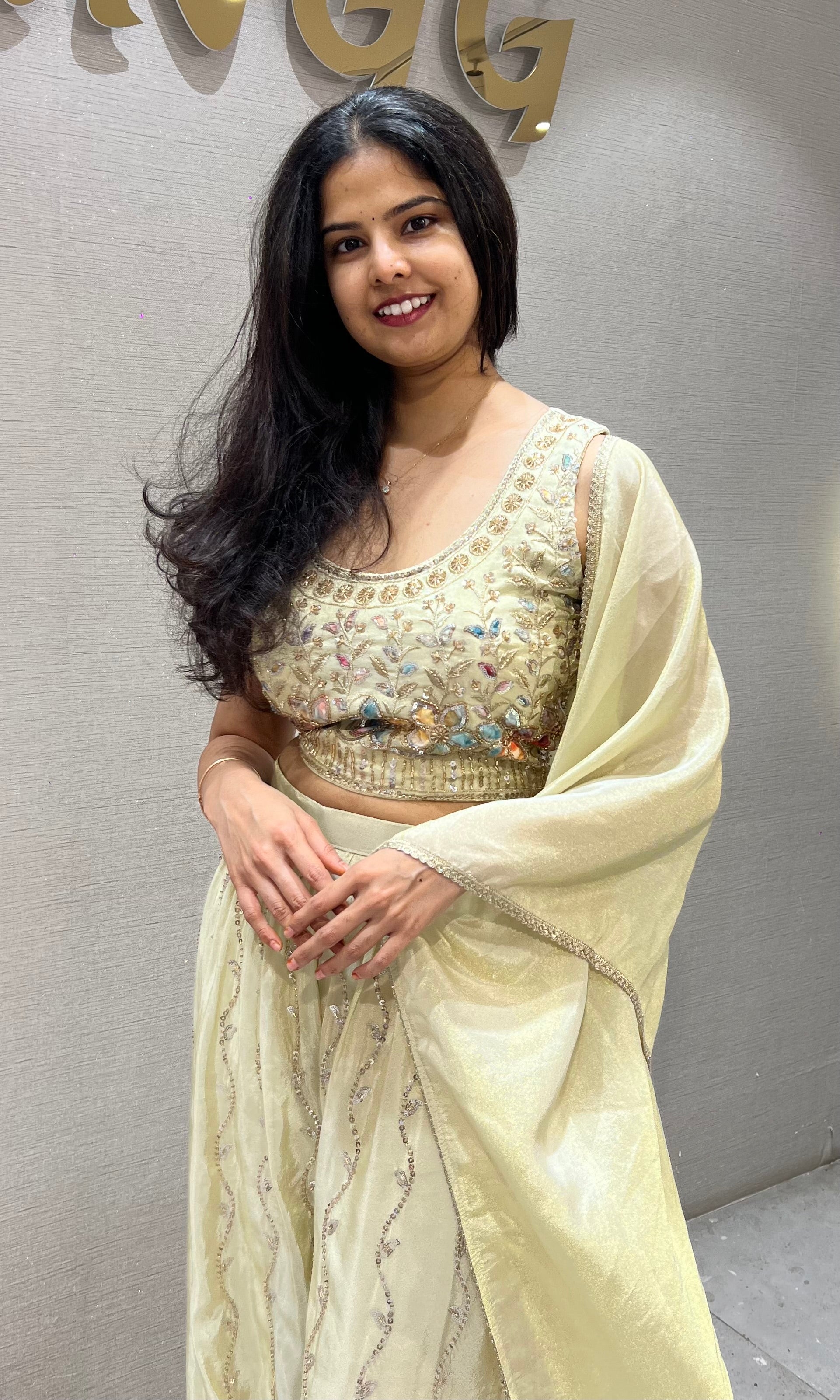 Half white Embroidered Tissue silk Crop Top Palazzo Set with Dupatta