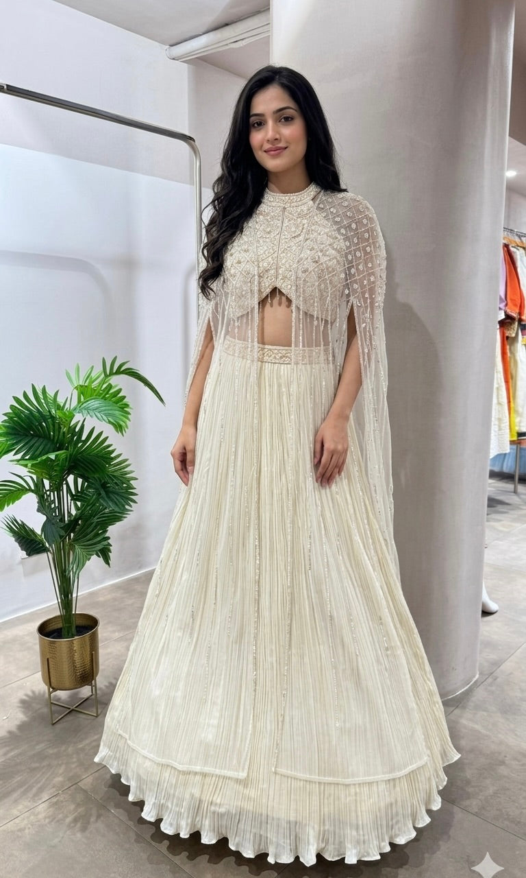 CREAM HALTER NECK CRYSTAL WORK BLOUSE WITH CAPE