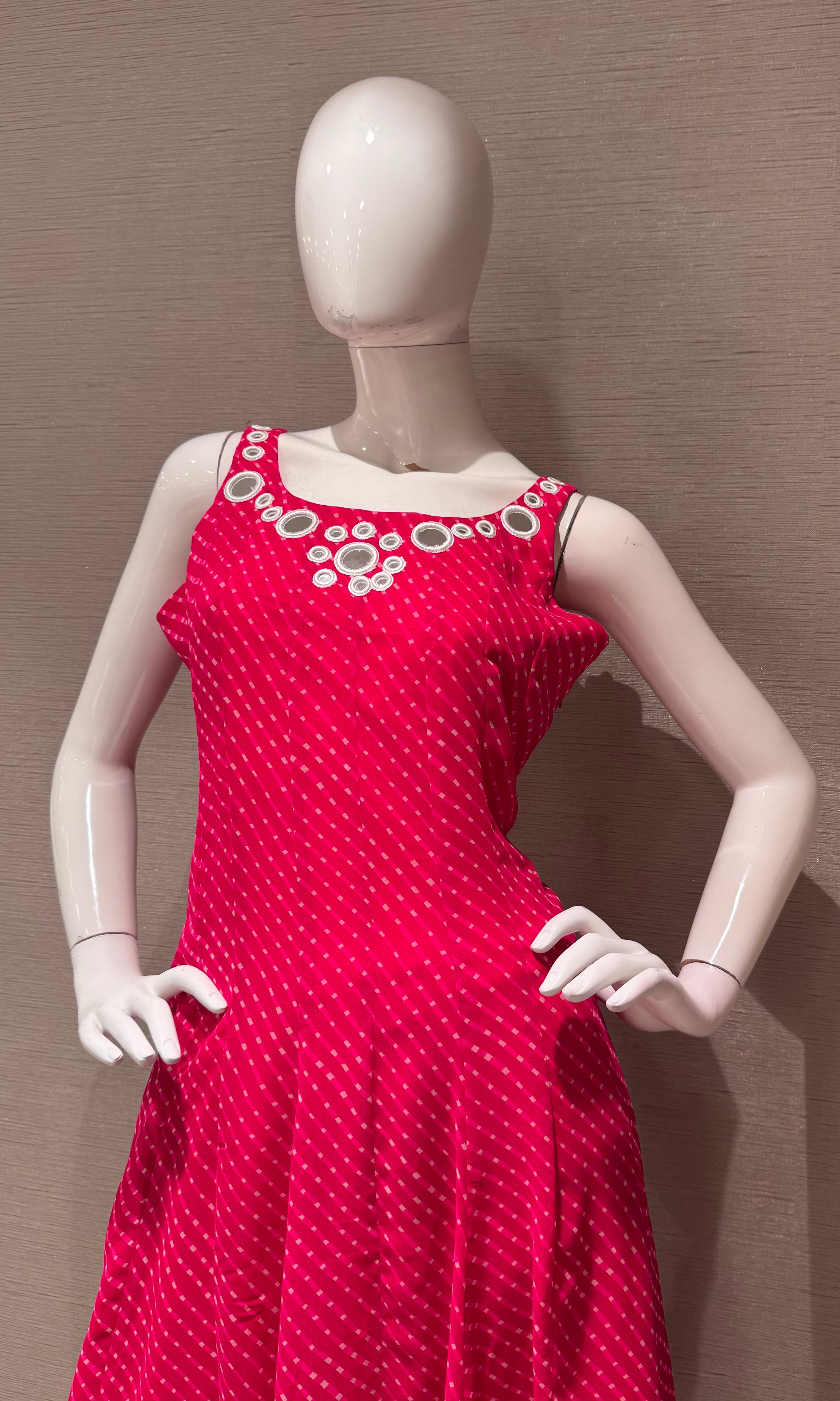 PINK bandhani print and intricate mirror anarkali set