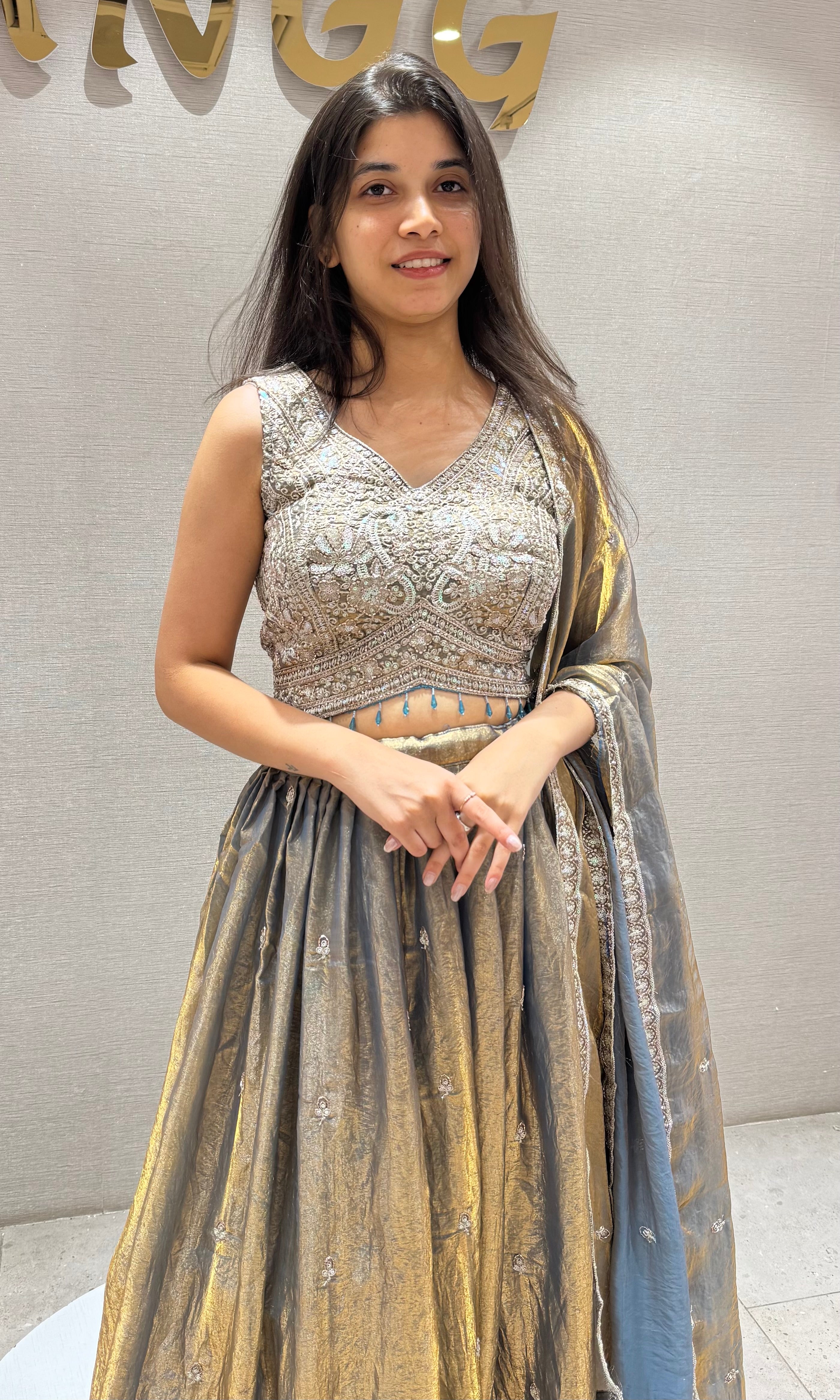 BLUE and GREY Tissue embroidered Lehenga