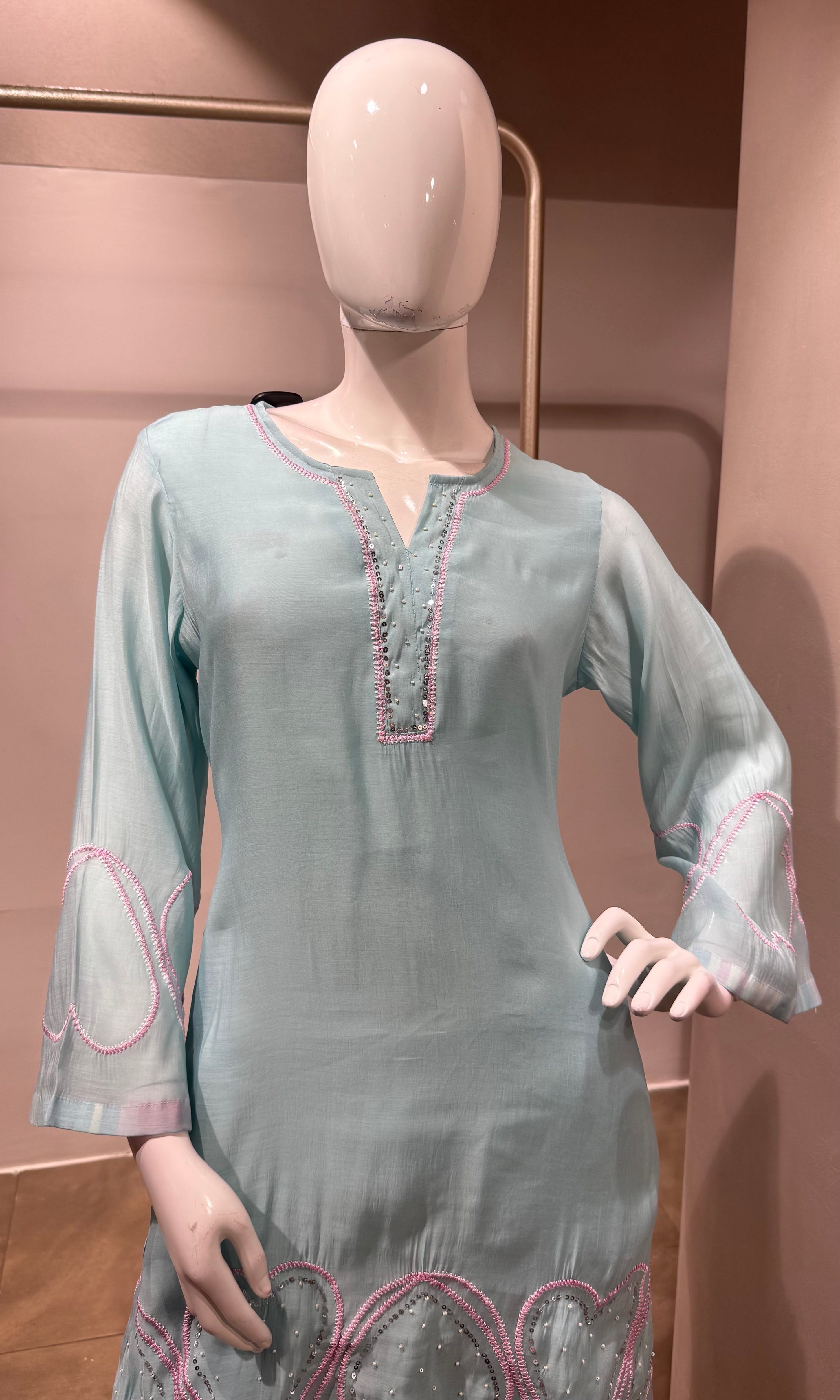 Sky Blue Kurta Suit with Multicolor Dupatta
