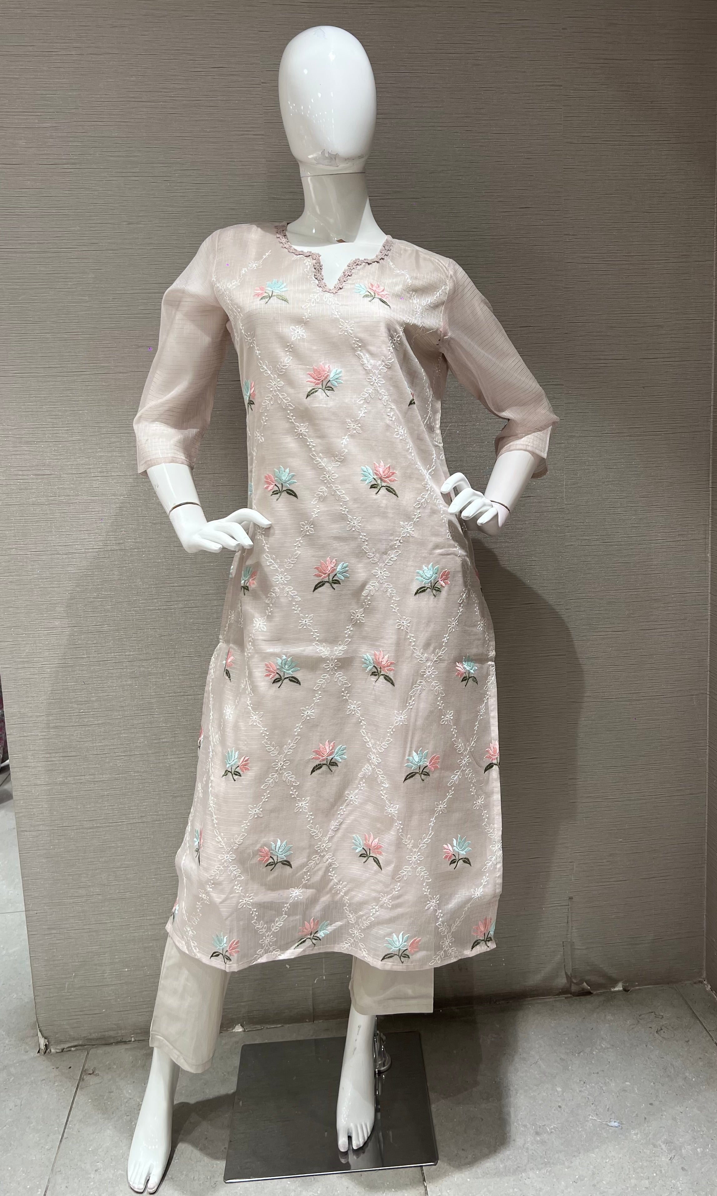 Ivory Floral Organza Kurta Set with Dupatta
