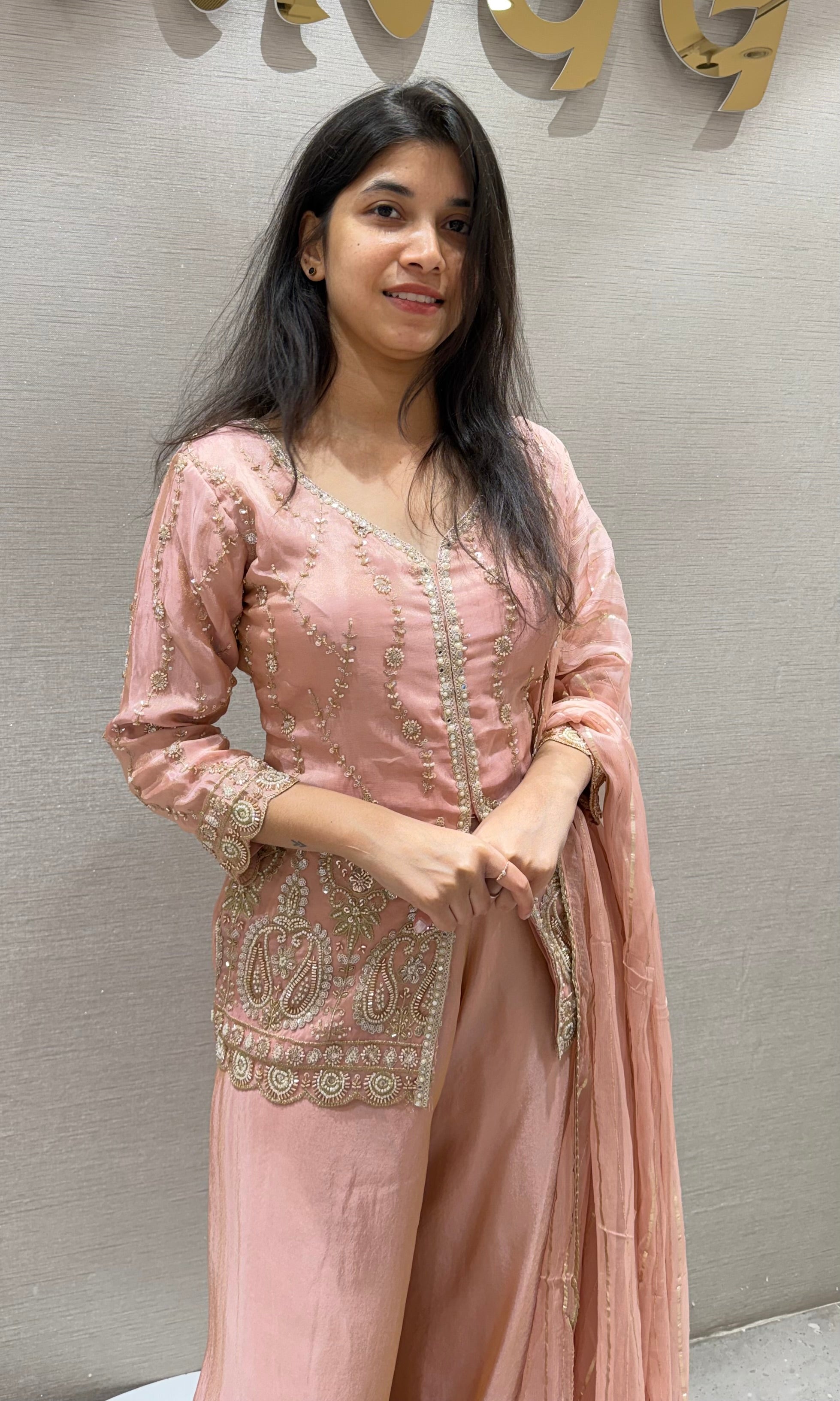 Peach EMBROIDERED PEPLUM PALAZZO SET