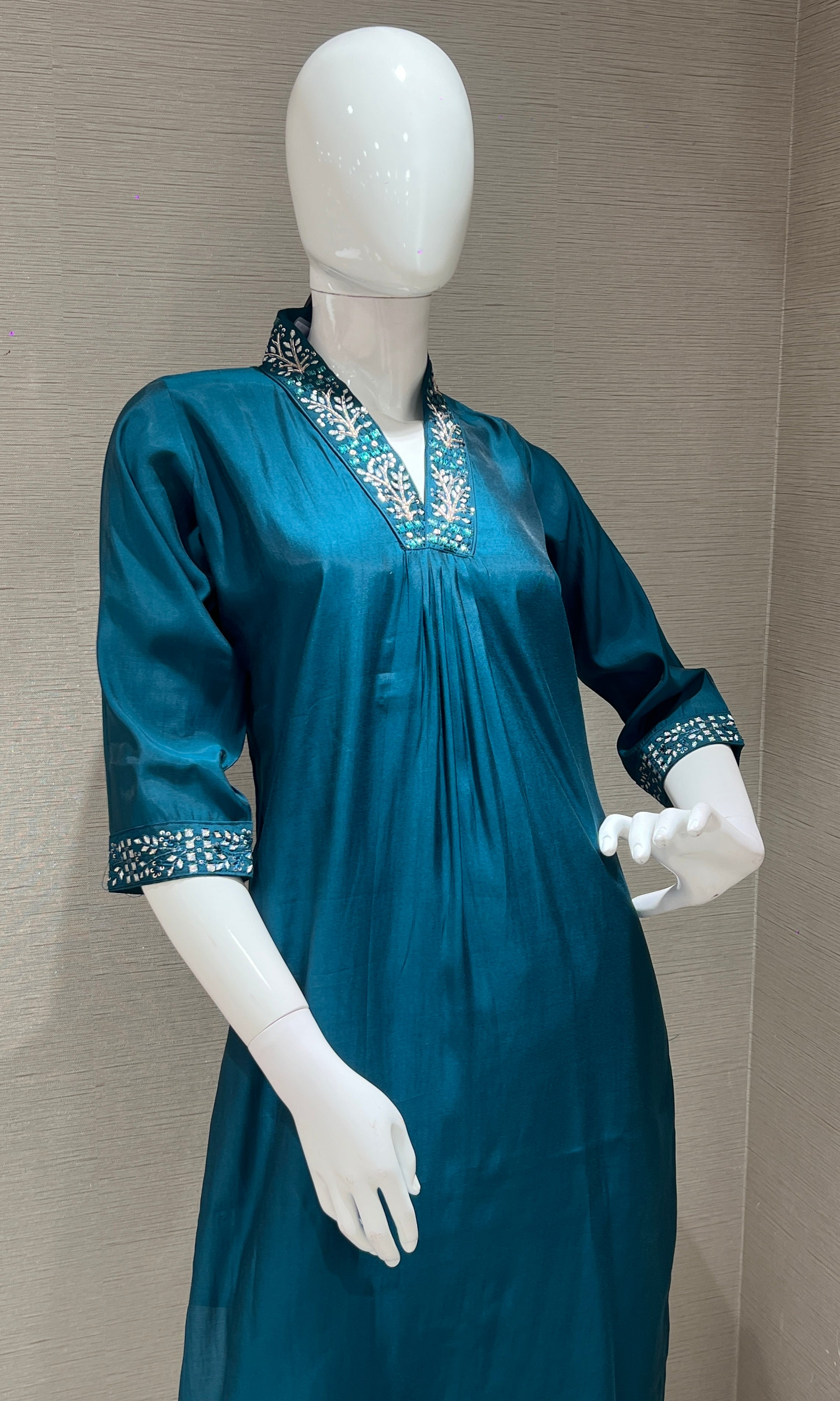blue kurta set with gold dupatta