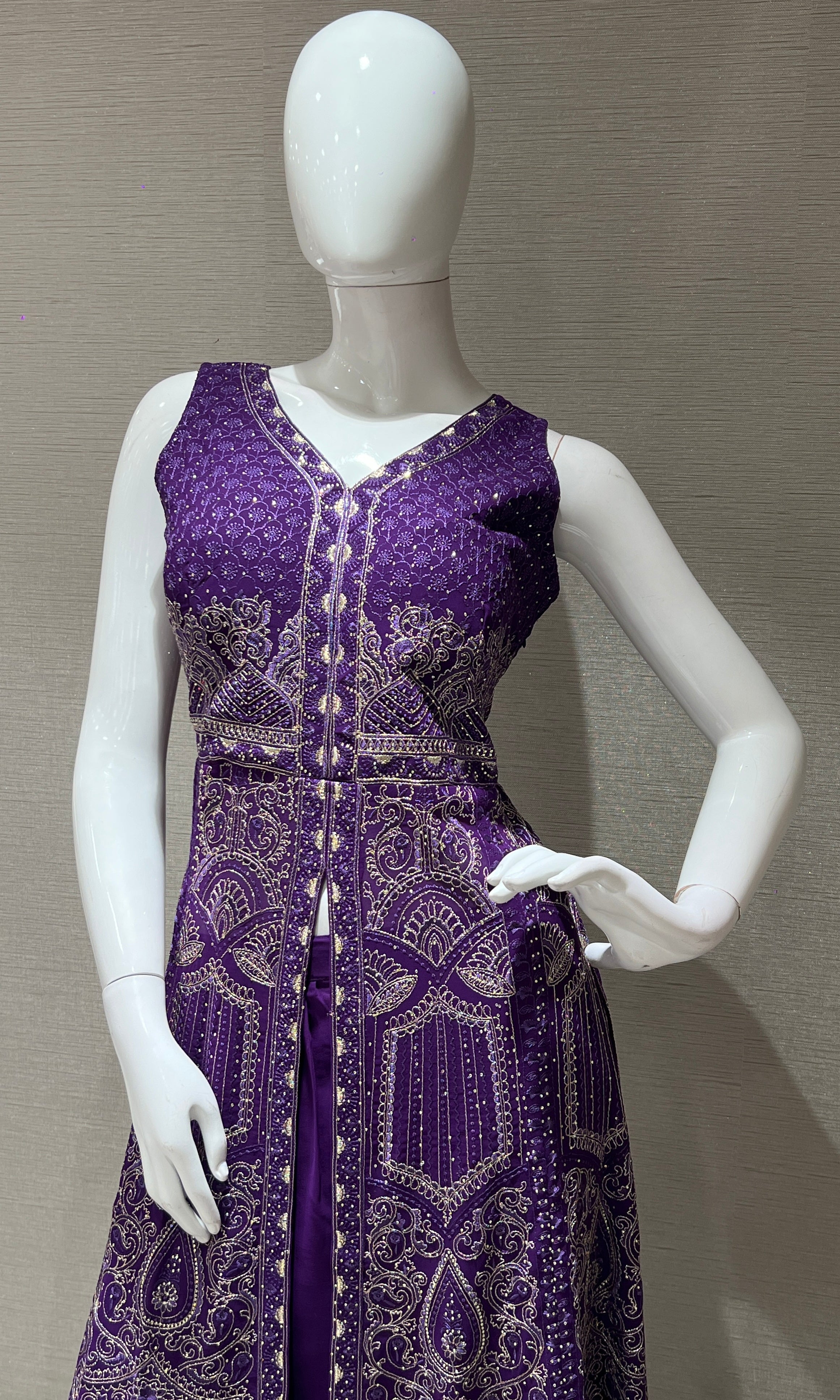 Purple front slit Anarkali with palazzo pants