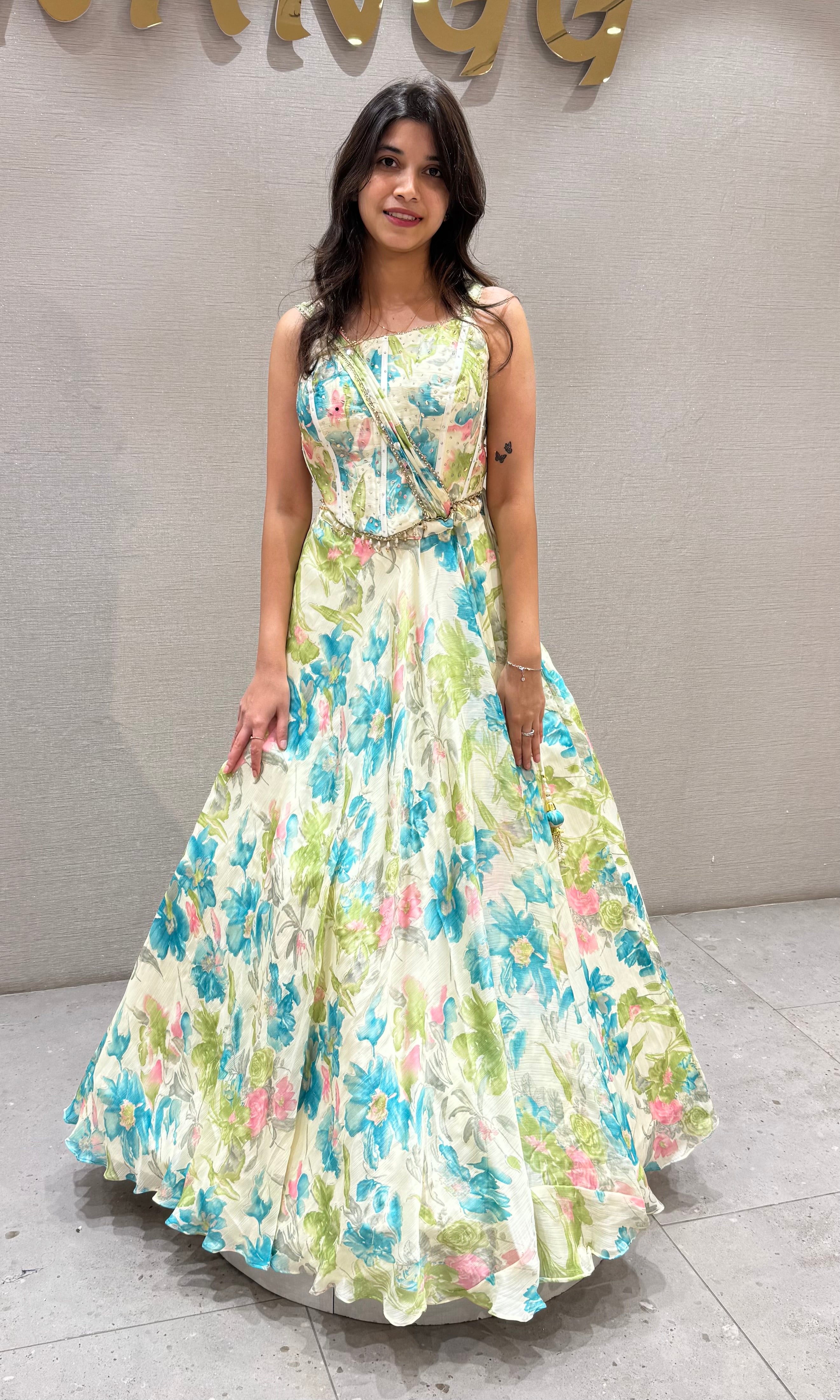 Blue Summer Bloom Floral Lehenga