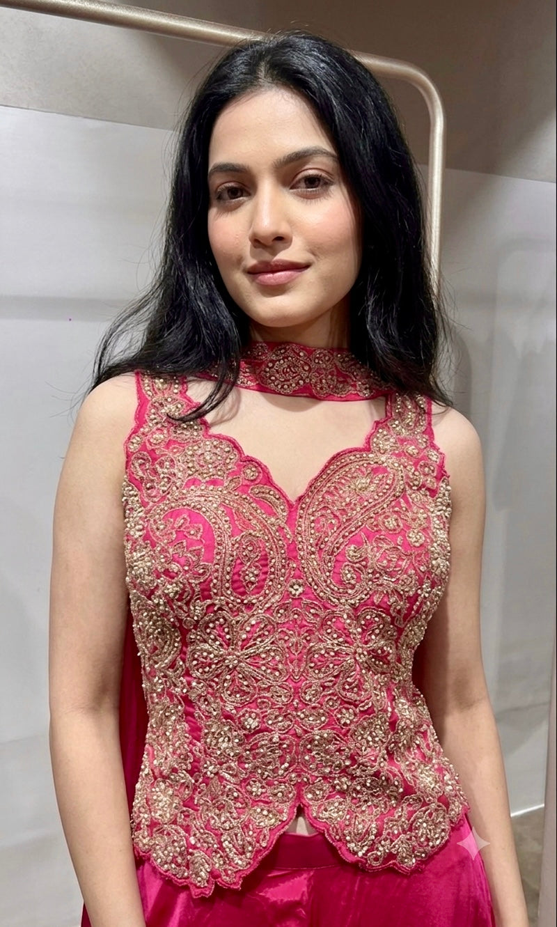 Pink embroidered corset style palazzo set