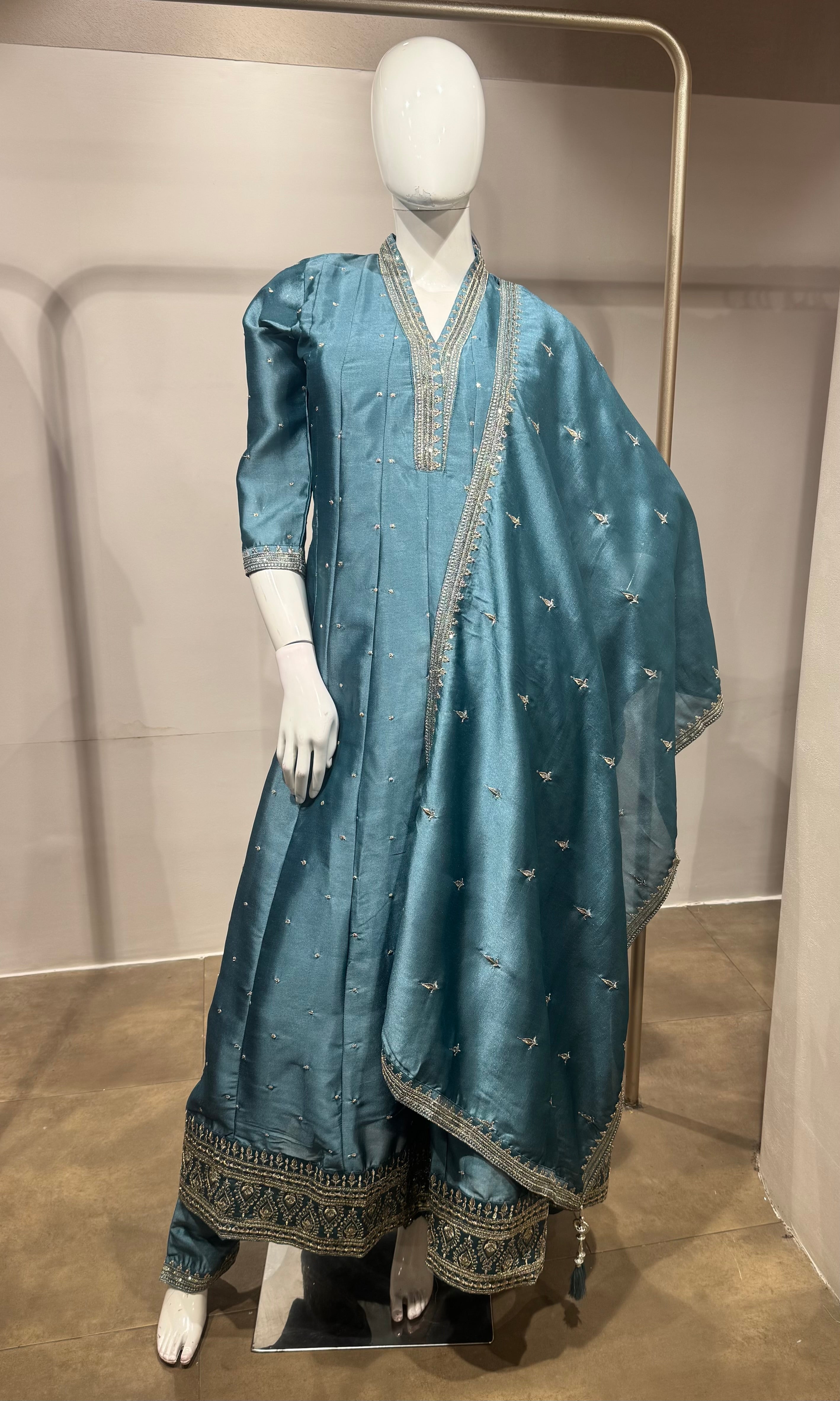 Blue silk golden embroidered anarkali set
