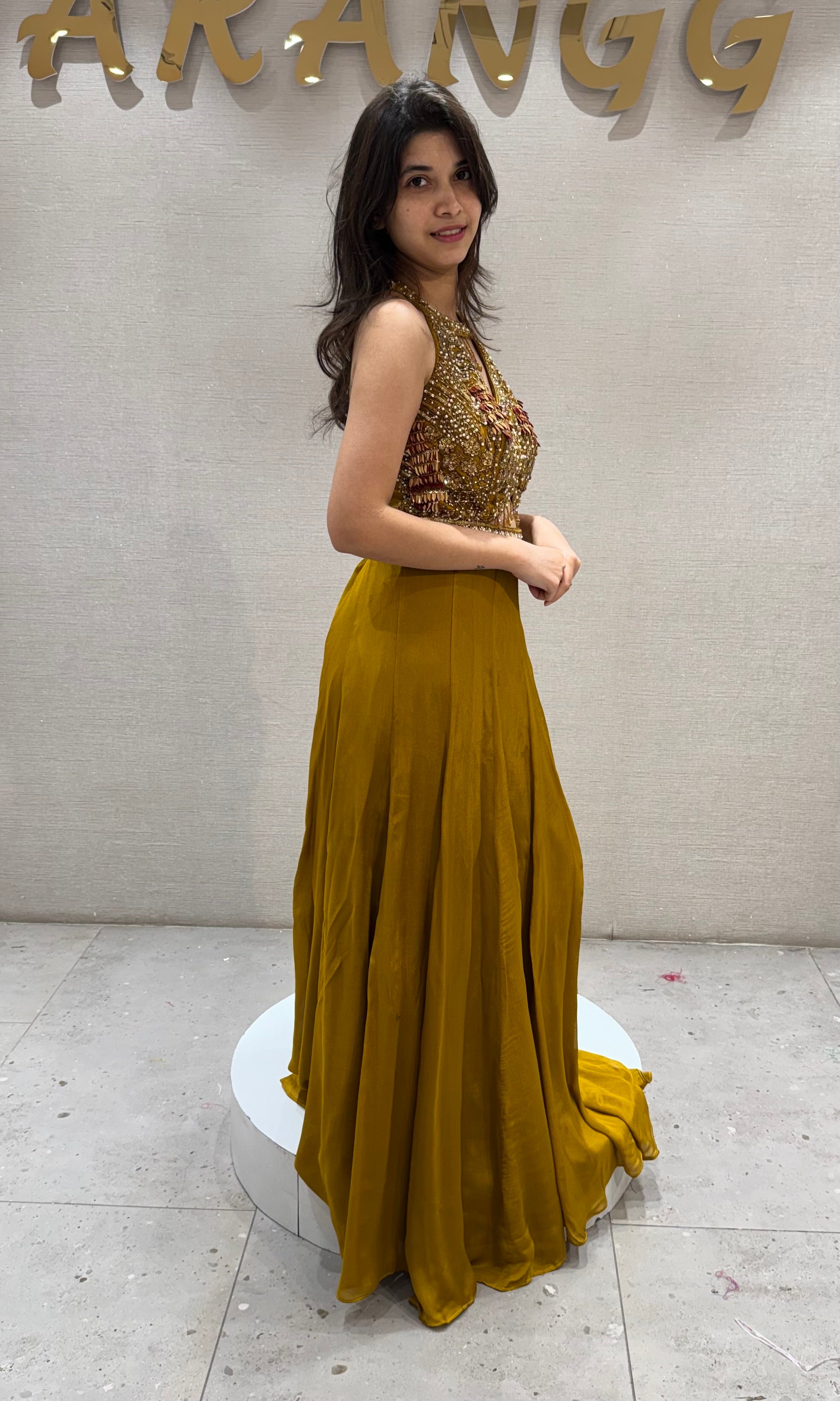 Mustard Georgette with Cutdana Embroidery Frock