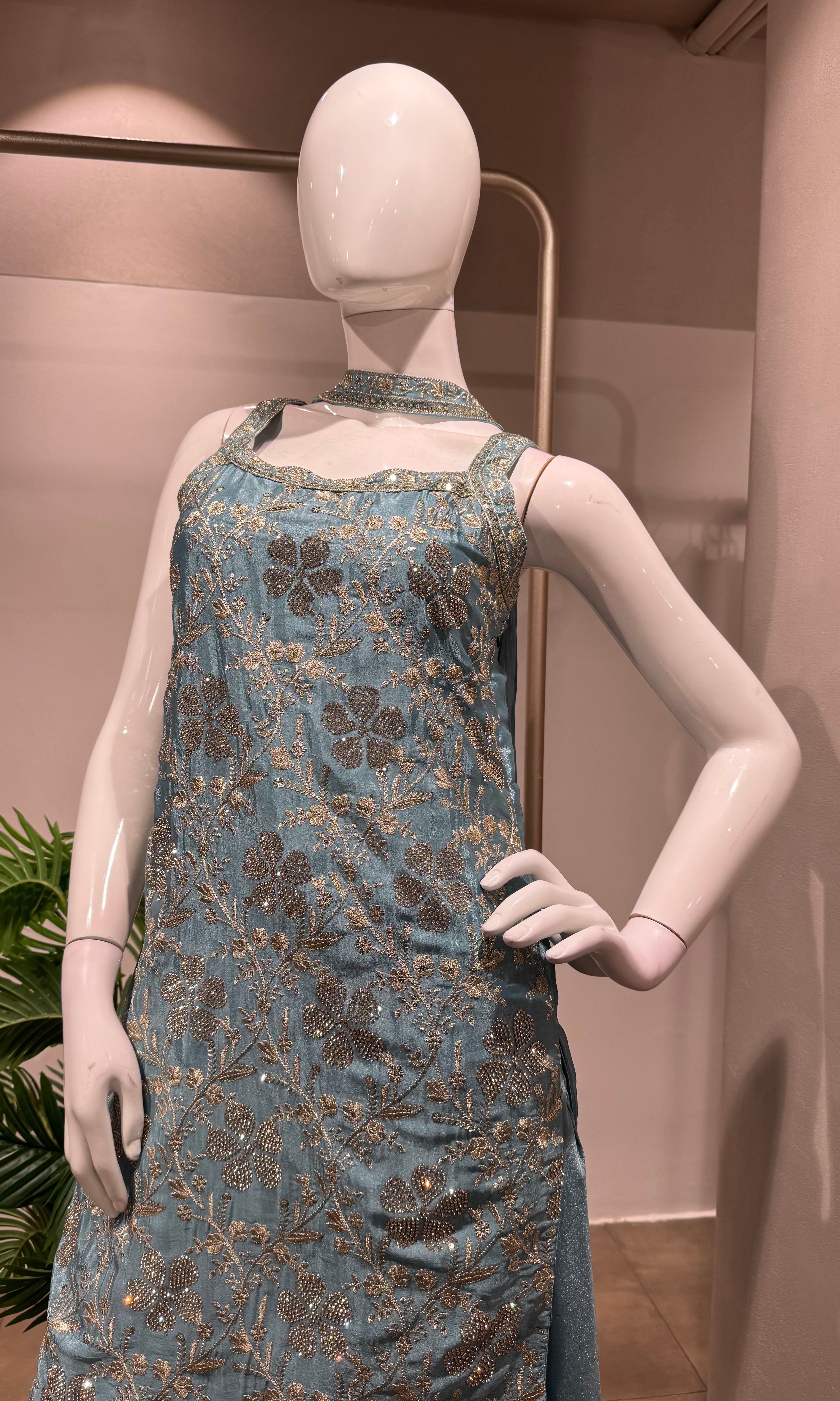 blue floral embroidered tissue sharara set