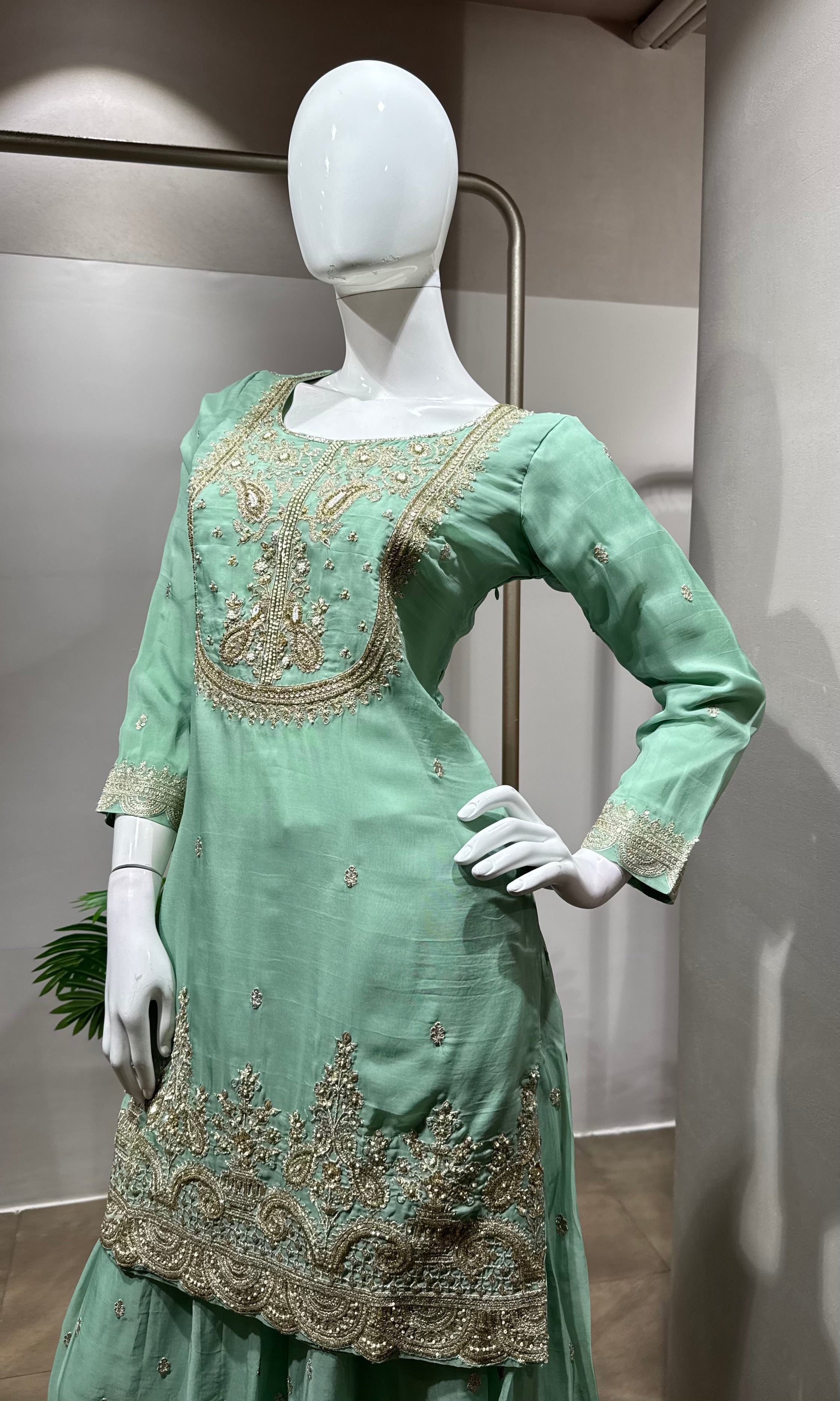 green silk embroidered sharara set