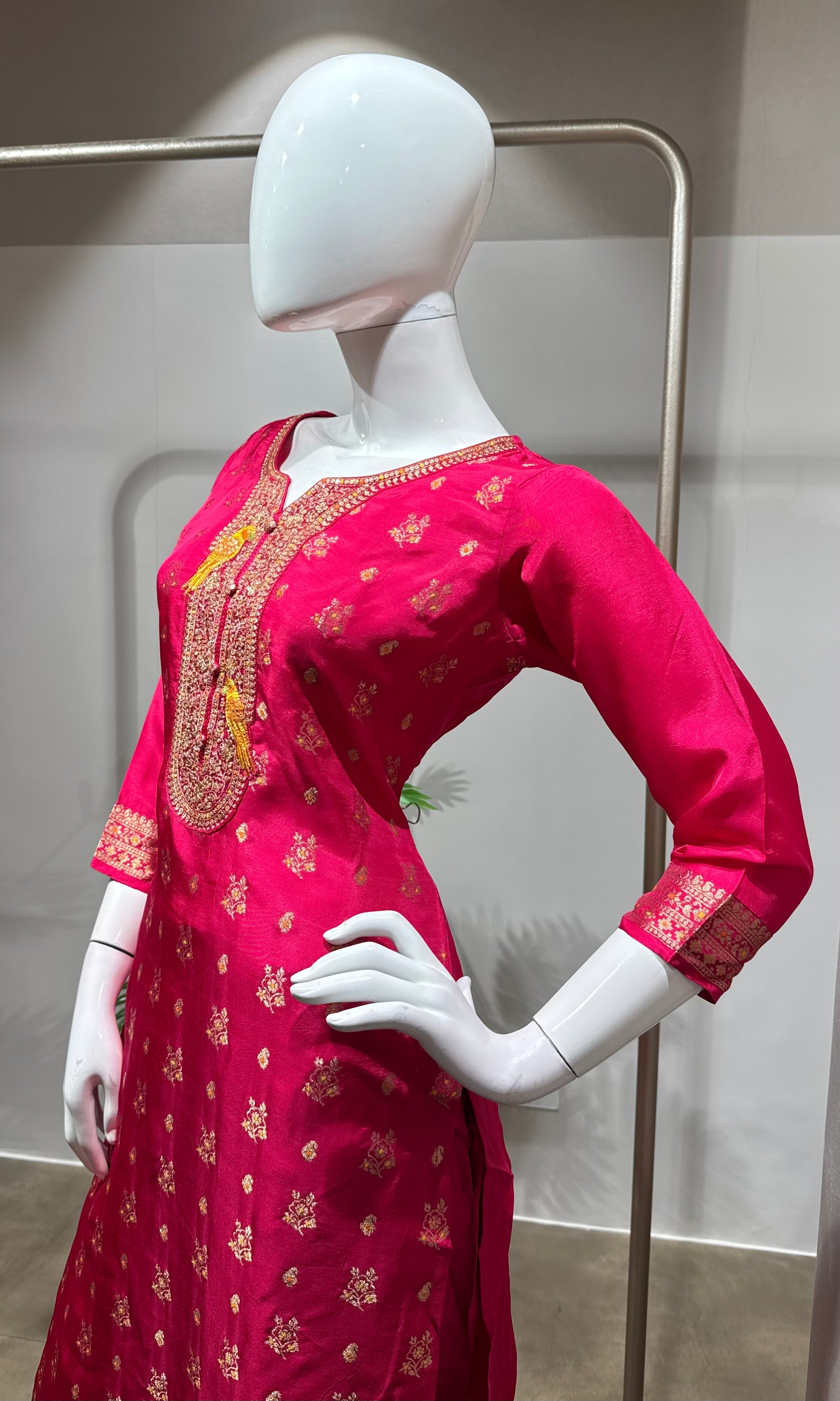 Pink Paithani art silk kurta set with dupatta