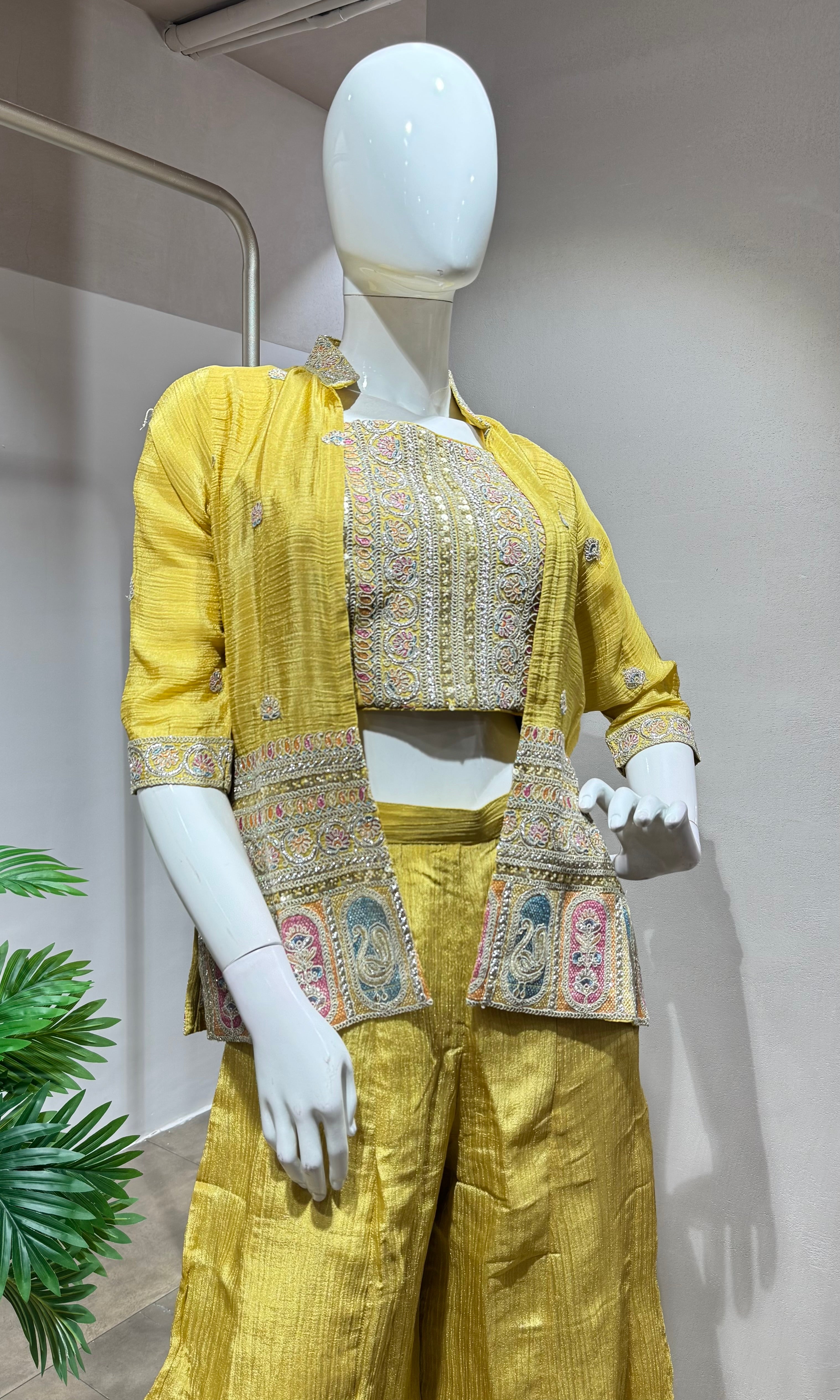 Yellow palazzo with crop top and jacket