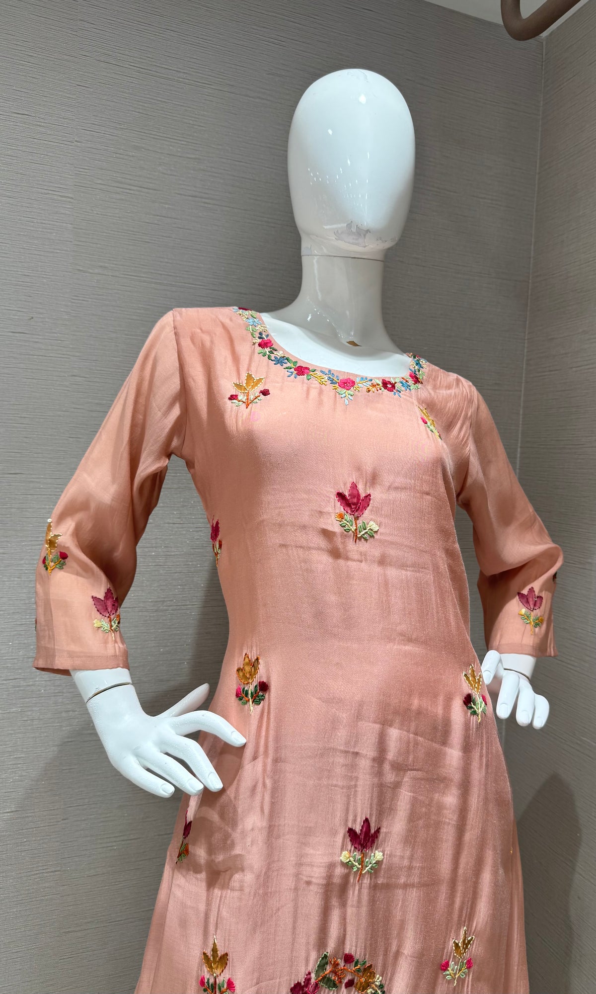 Peach Blossom Floral Embroidered Cotton Silk Kurta set