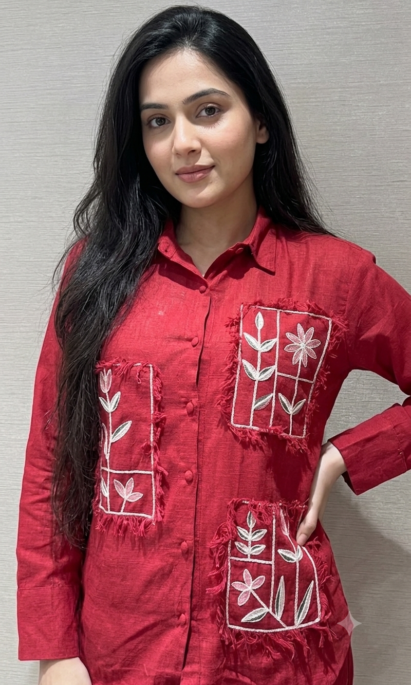 Red cotton embroidery work short cord set