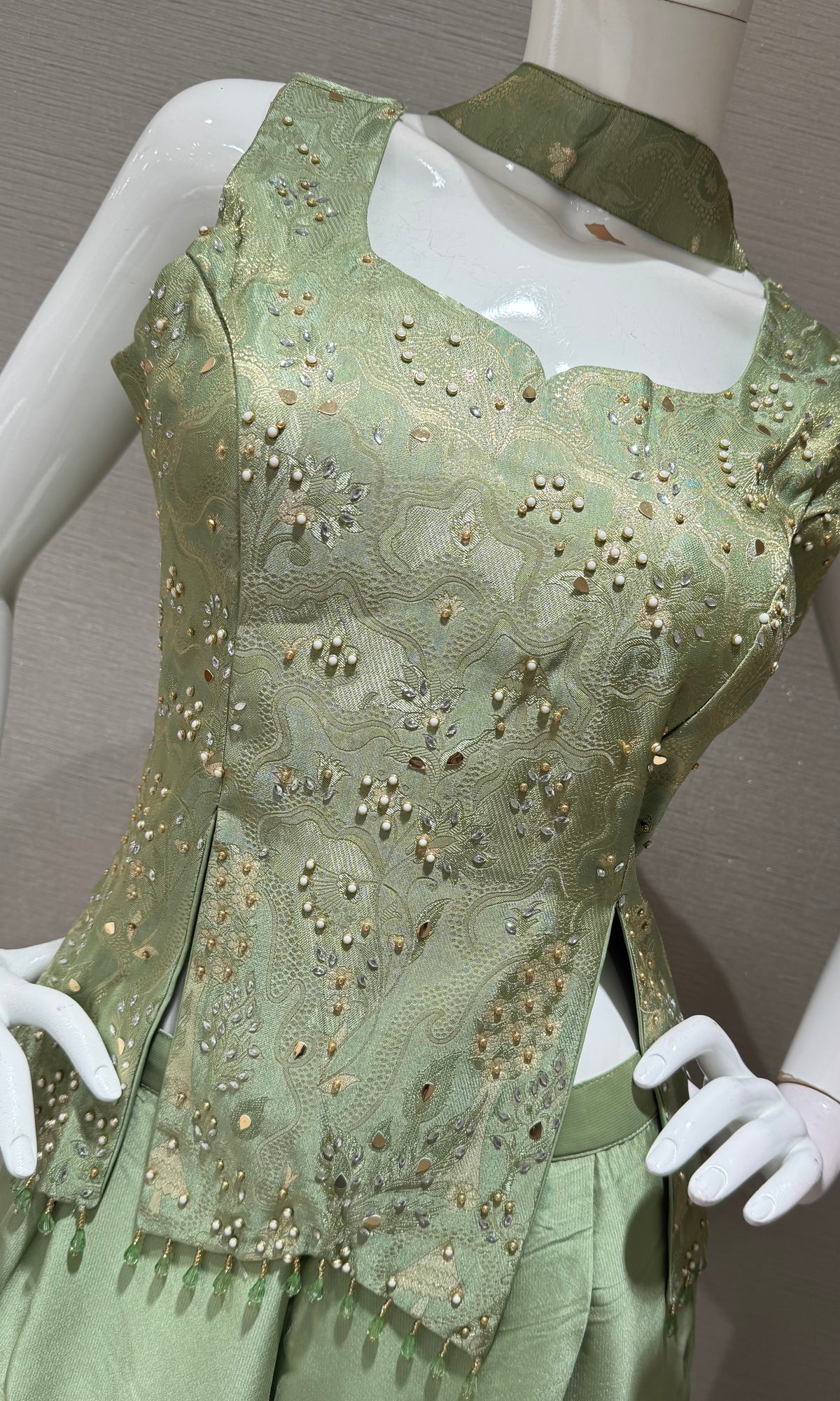 Pastal Green Satin Embellished Crop Top and Palazzo Set