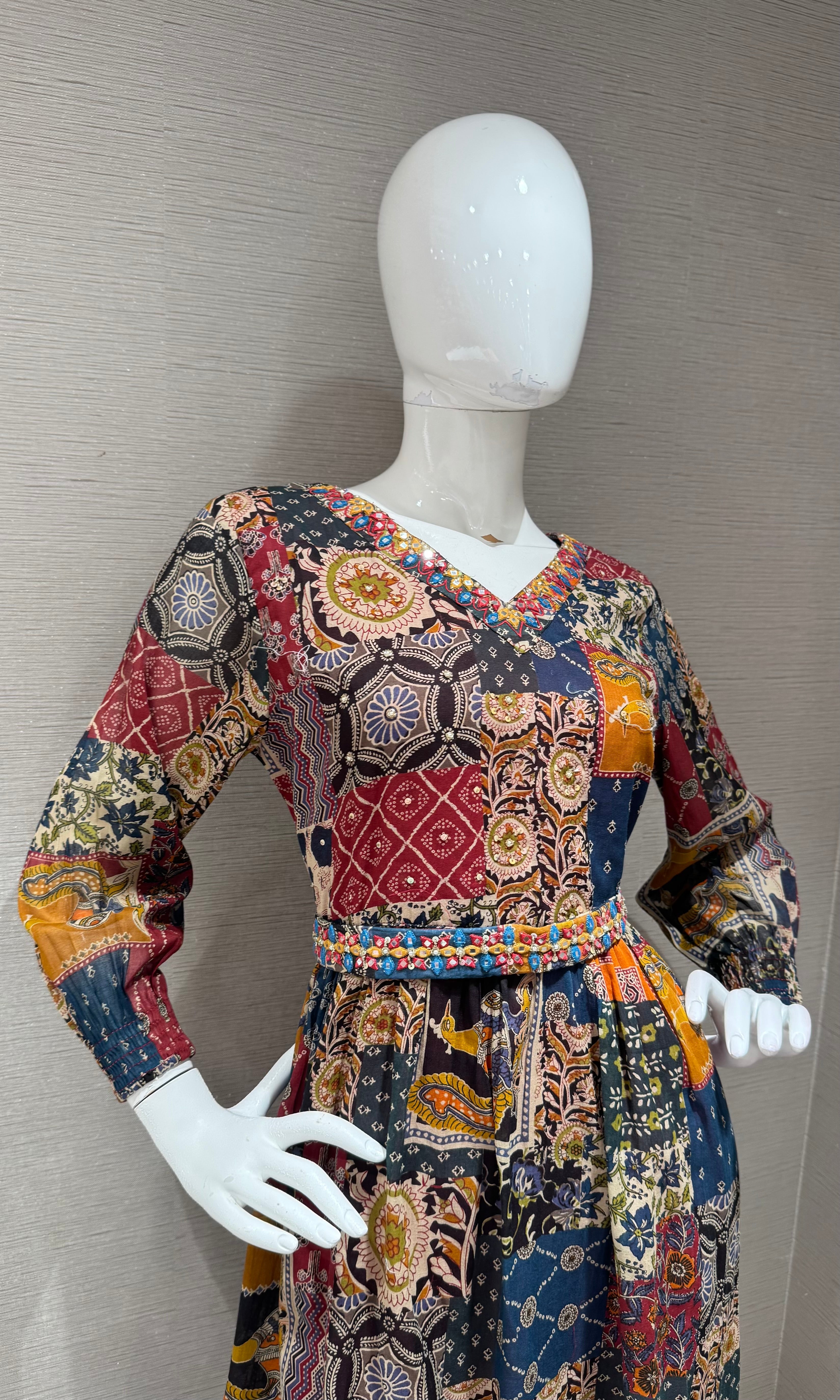 BROWN multicolor patchwork print frock