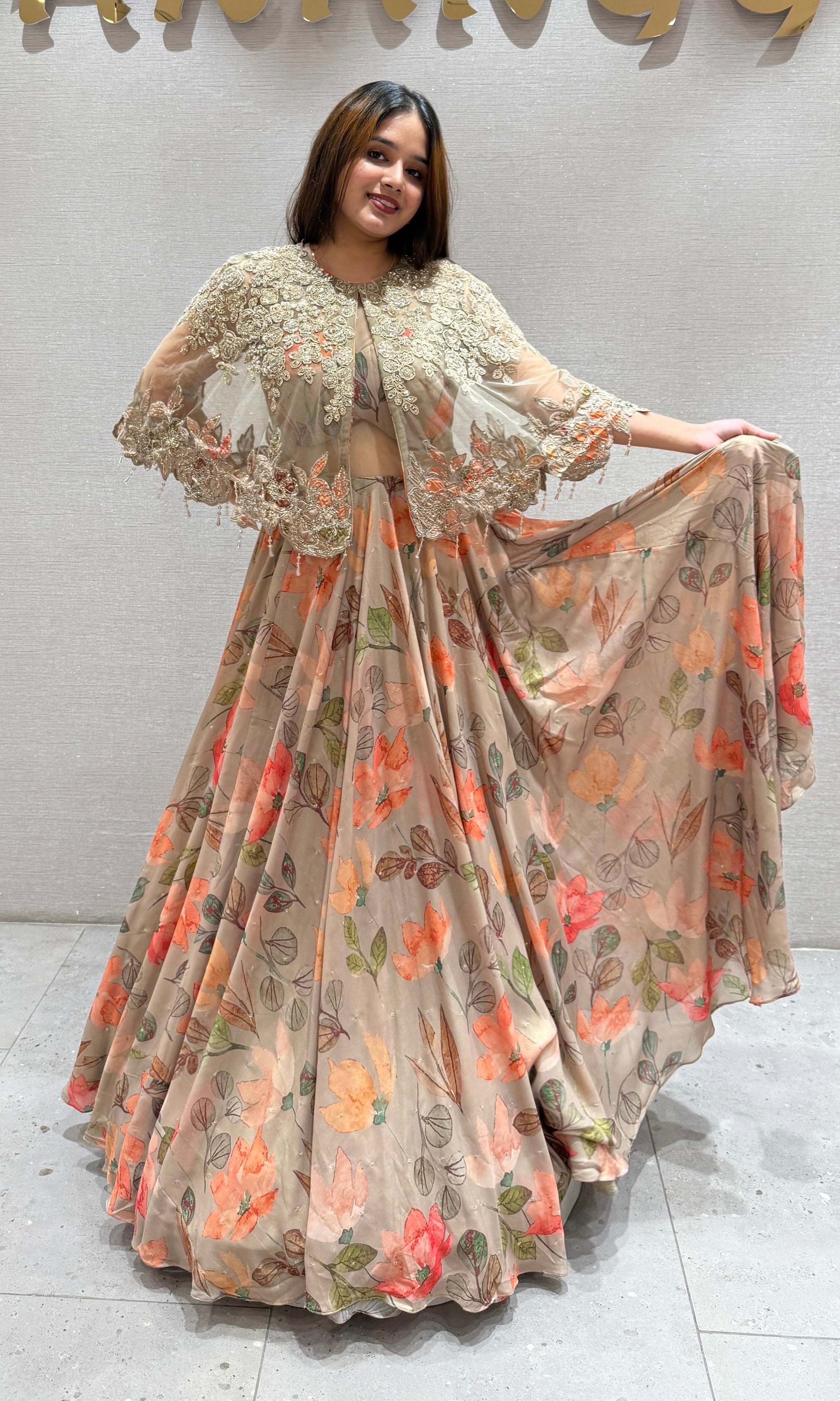 Brown floral with over coat Lehenga