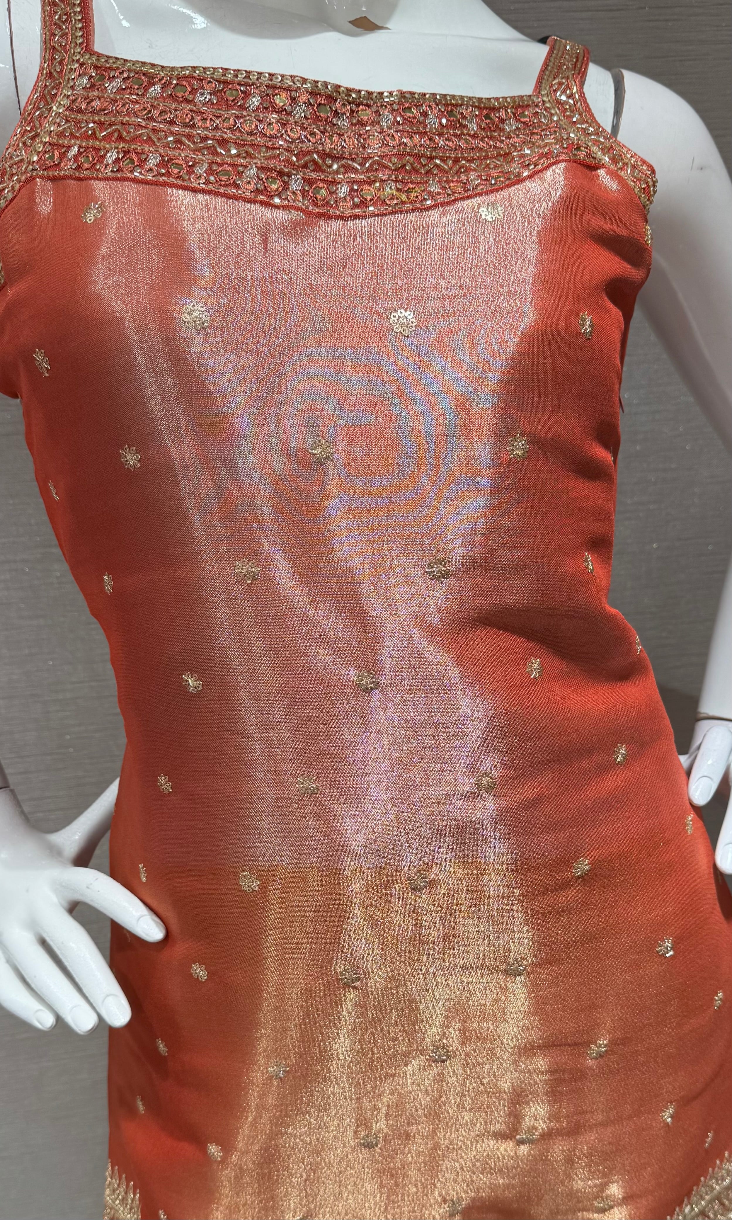 Rust and Gold Zari Sharara set with Sheer Dupatta