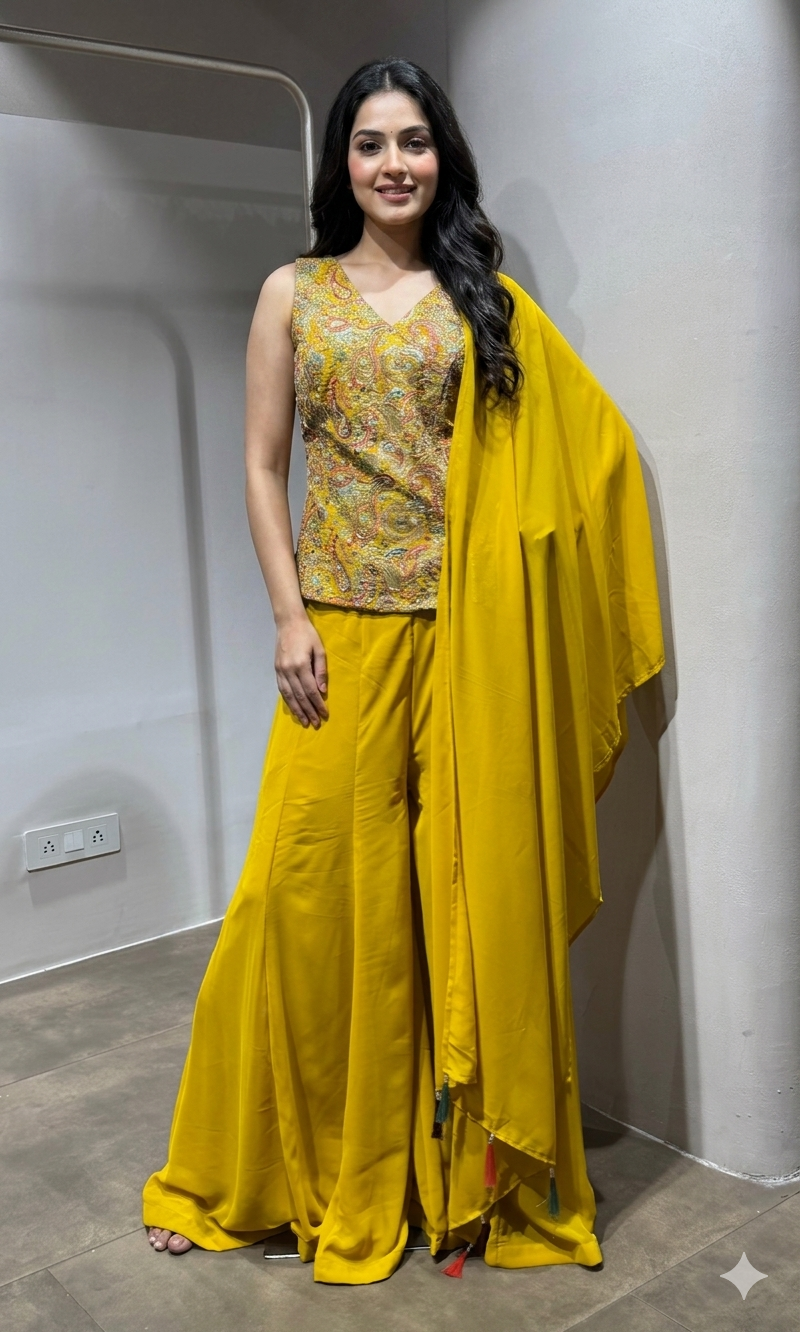 Yellow Chinon Silk Palazzo SET