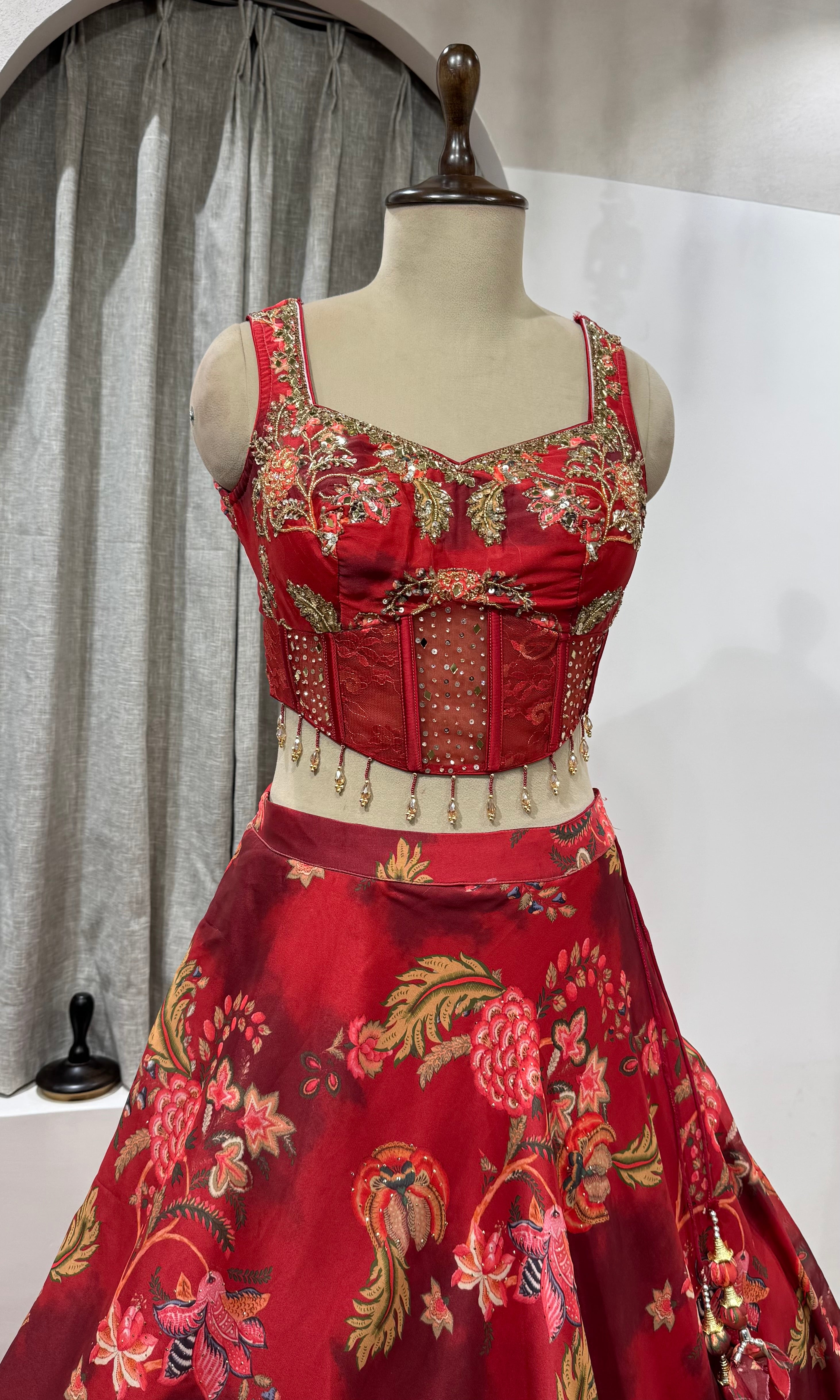 Red Indian Organza Printed Lehenga Set