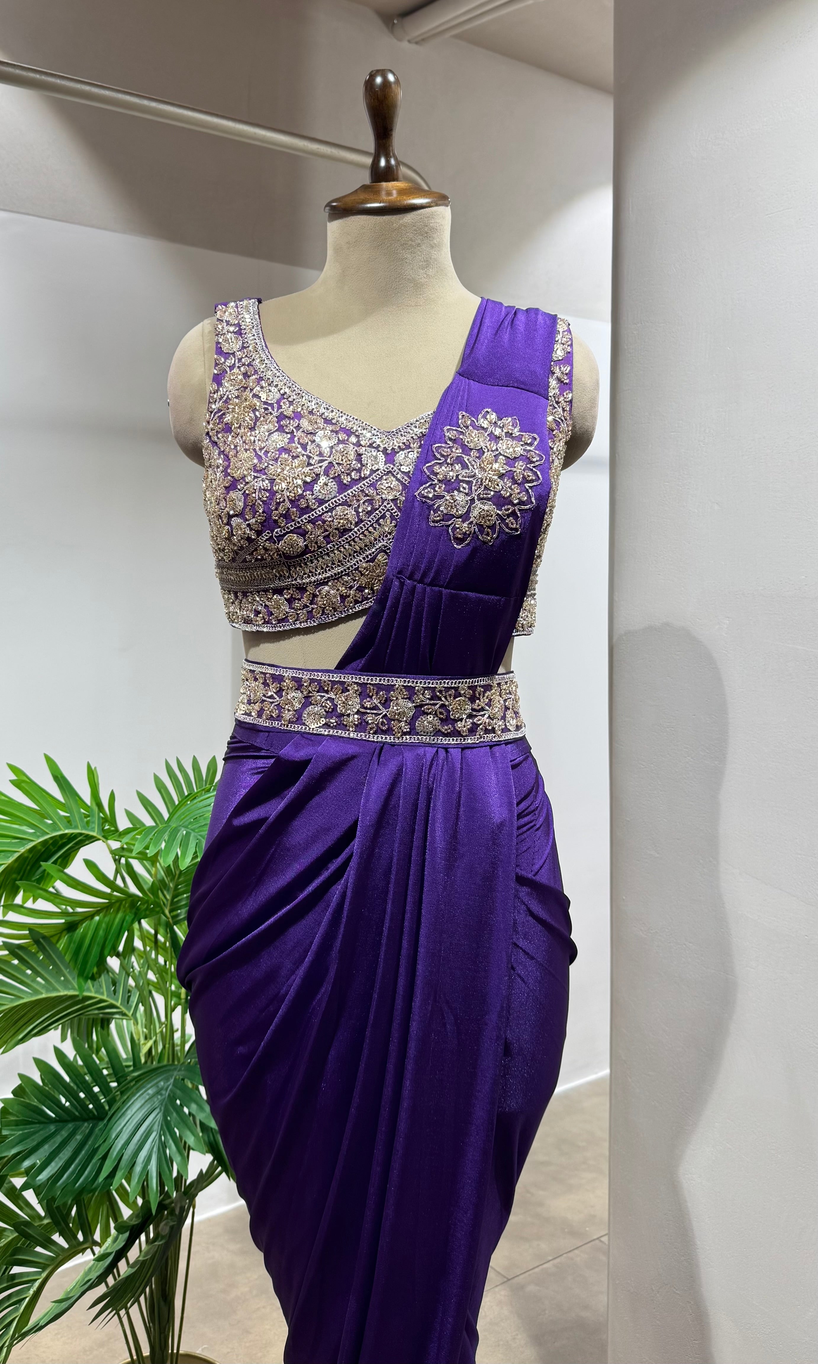 purple Draped Saree with Embellished Blouse & belt