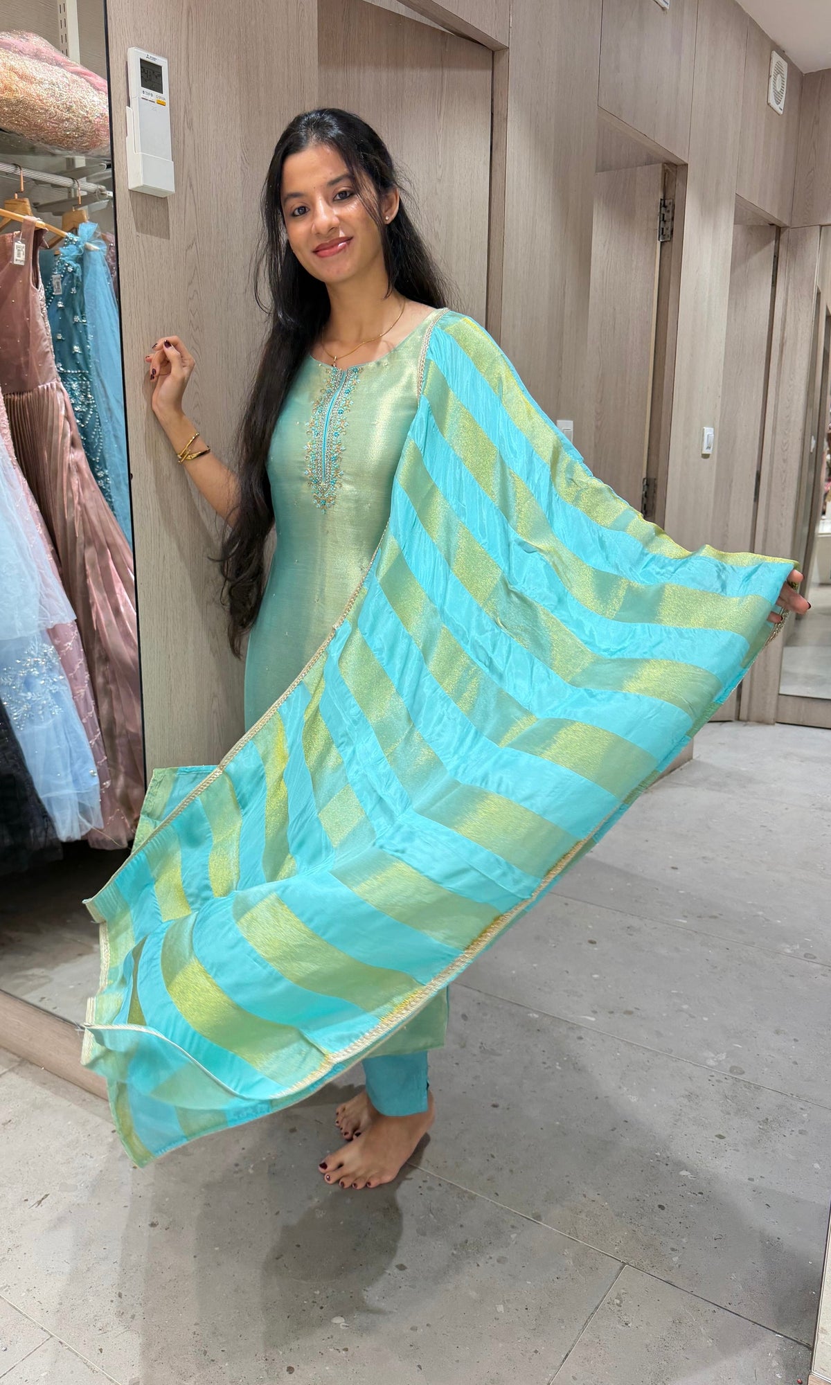 Sea Blue Banarasi silk Kurta Set with Patterned Dupatta