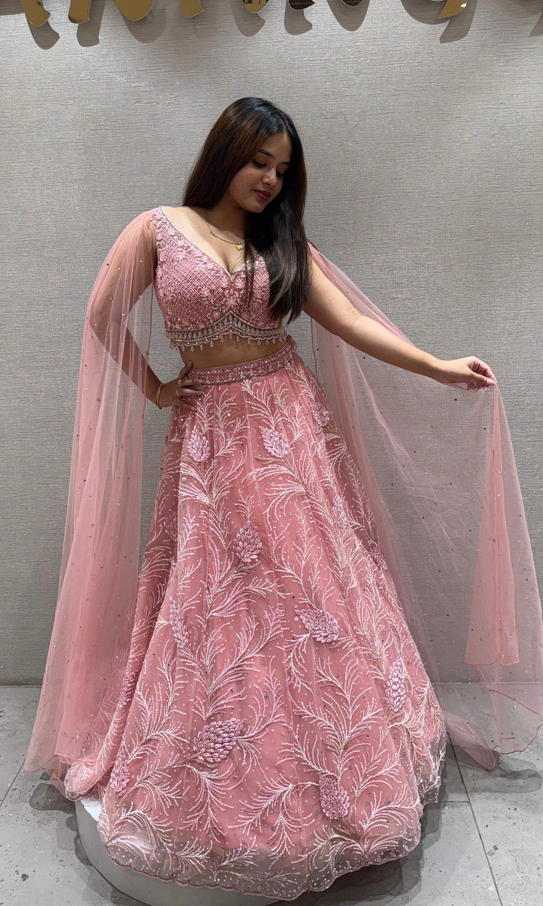 Peach butterflies sleeves Lehenga