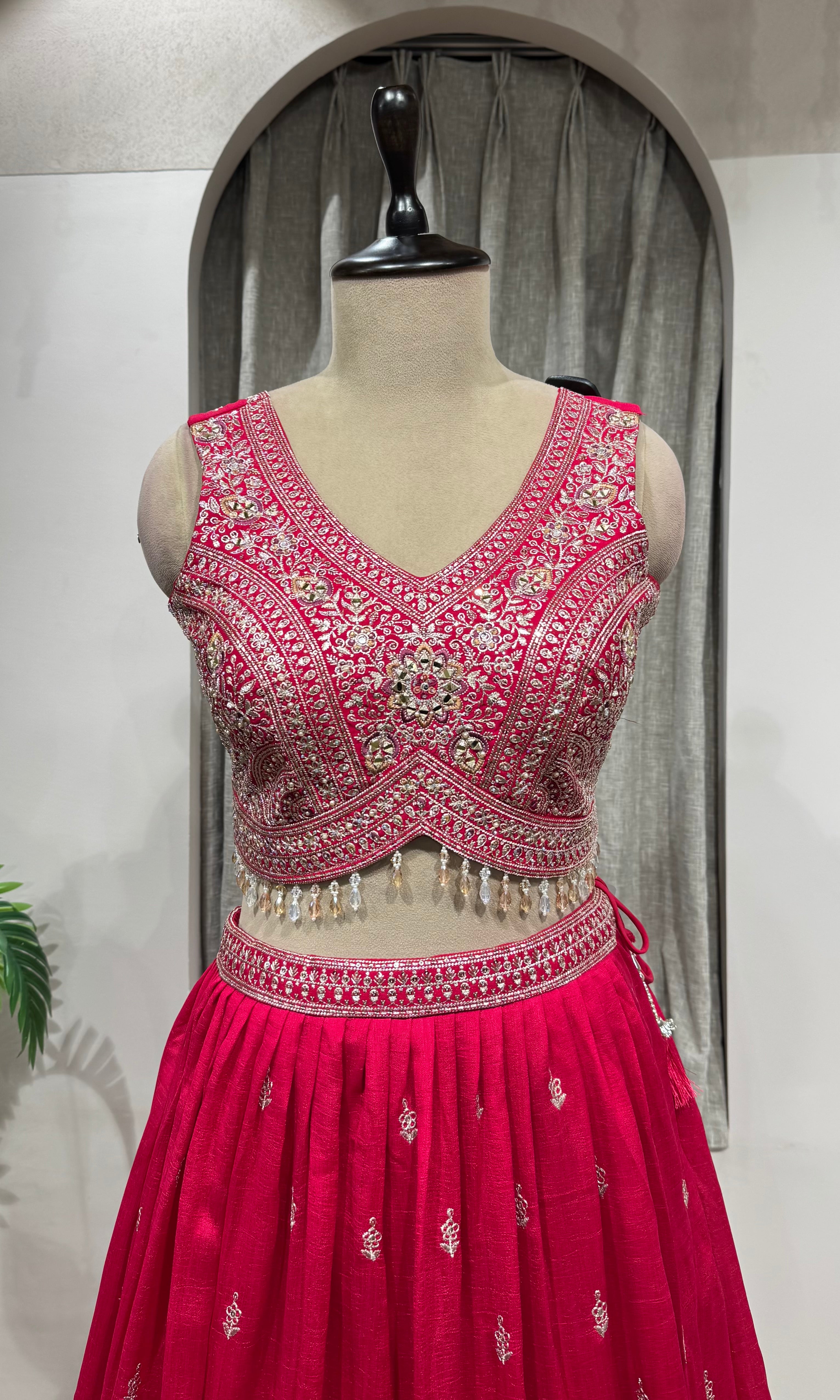 pink raw silk embroidered lehenga set