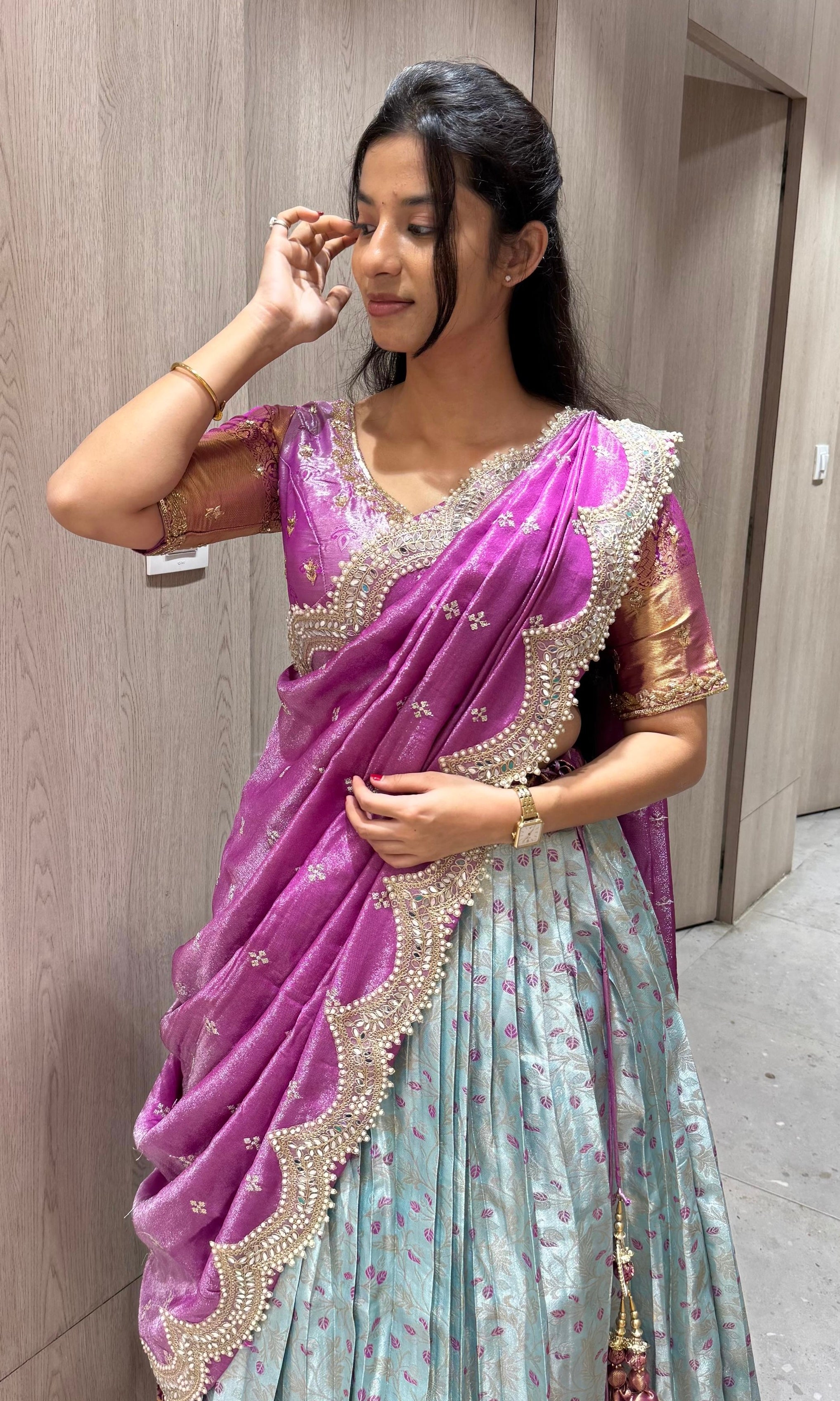 Ice blue And purple pink pattu half saree