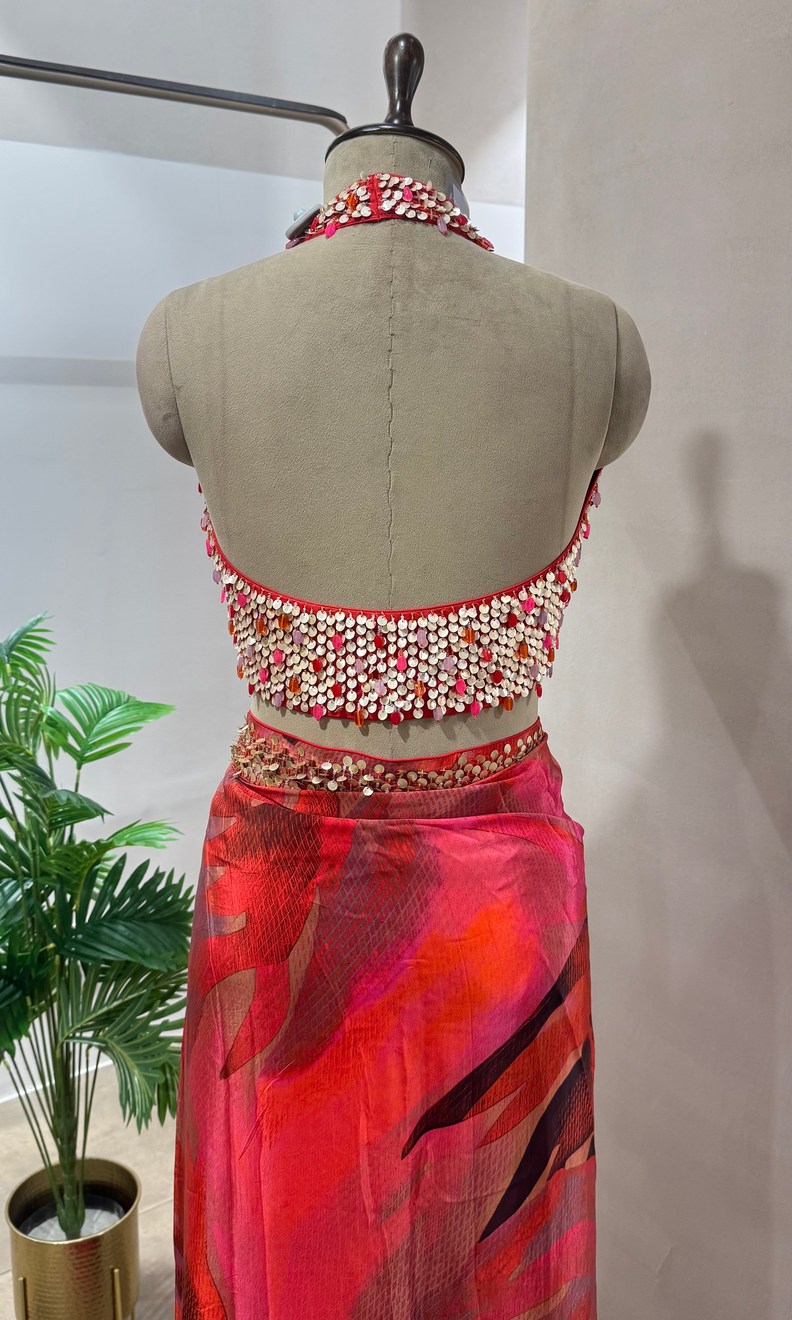 DESIGNER RED SAREE WITH HALTER NECK BLOUSE