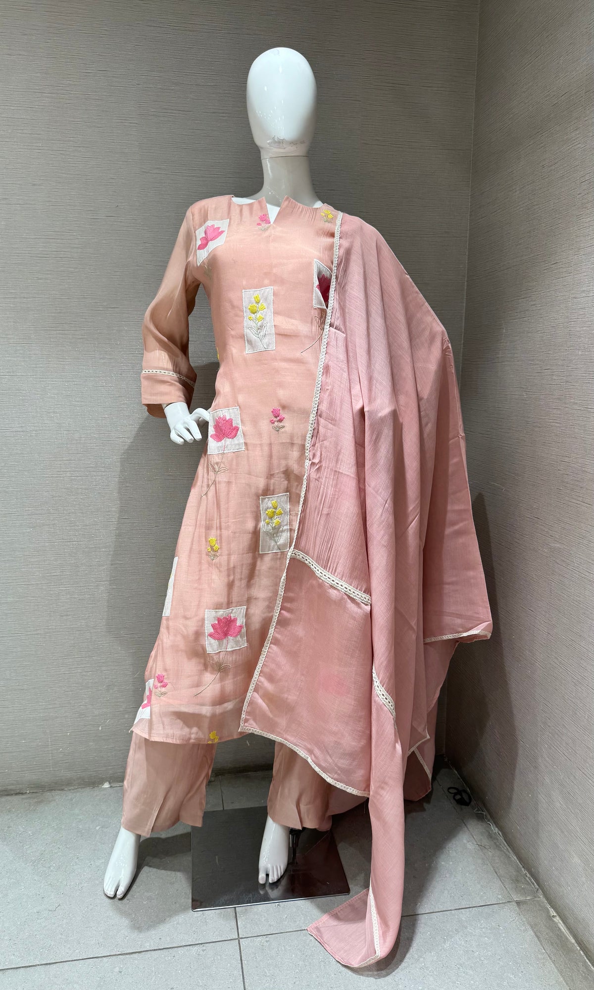Blush Pink Floral Patchwork Kurta Set with Dupatta